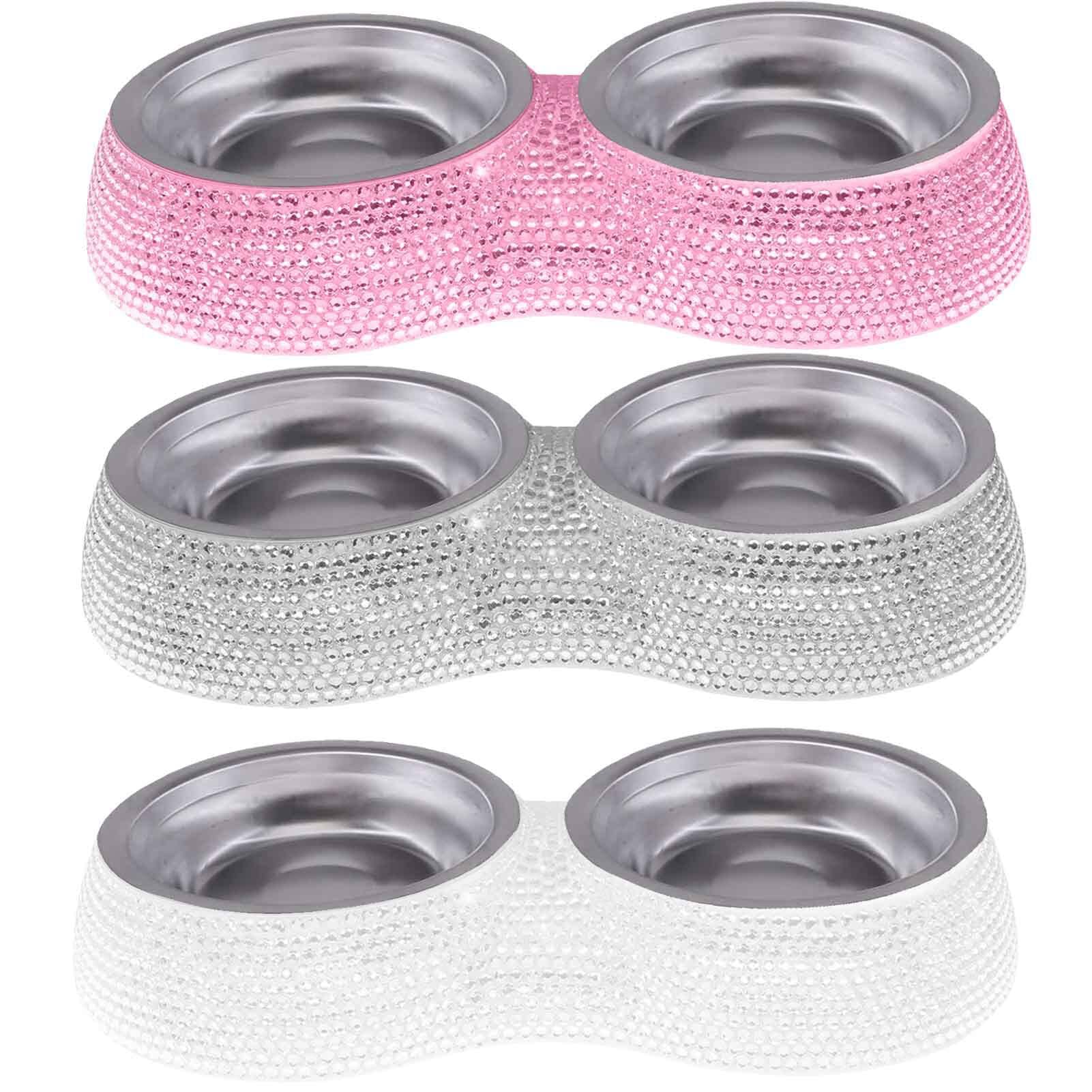 SAVORI Small Cat Bowls Pink, 320ML Handmade Bling Rhinestones Stainless Steel Pet Bowls Removable Double Food Water Feeder for P