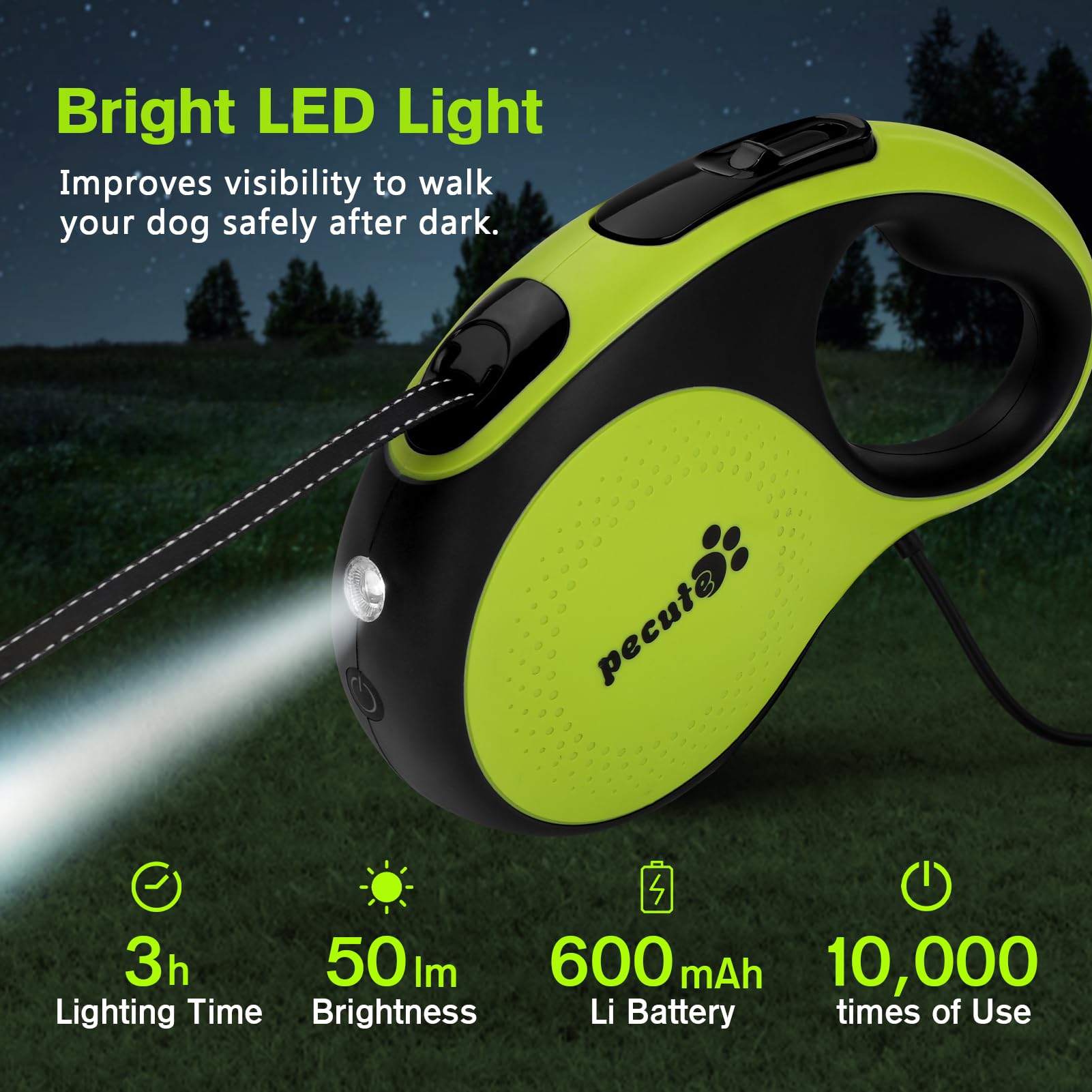 Pecute 16 ft Heavy Duty Retractable Dog Leash, Large, Nylon, Green with LED Light, Model PRL-L5M01, 360° Tangle-Free, Up to 110