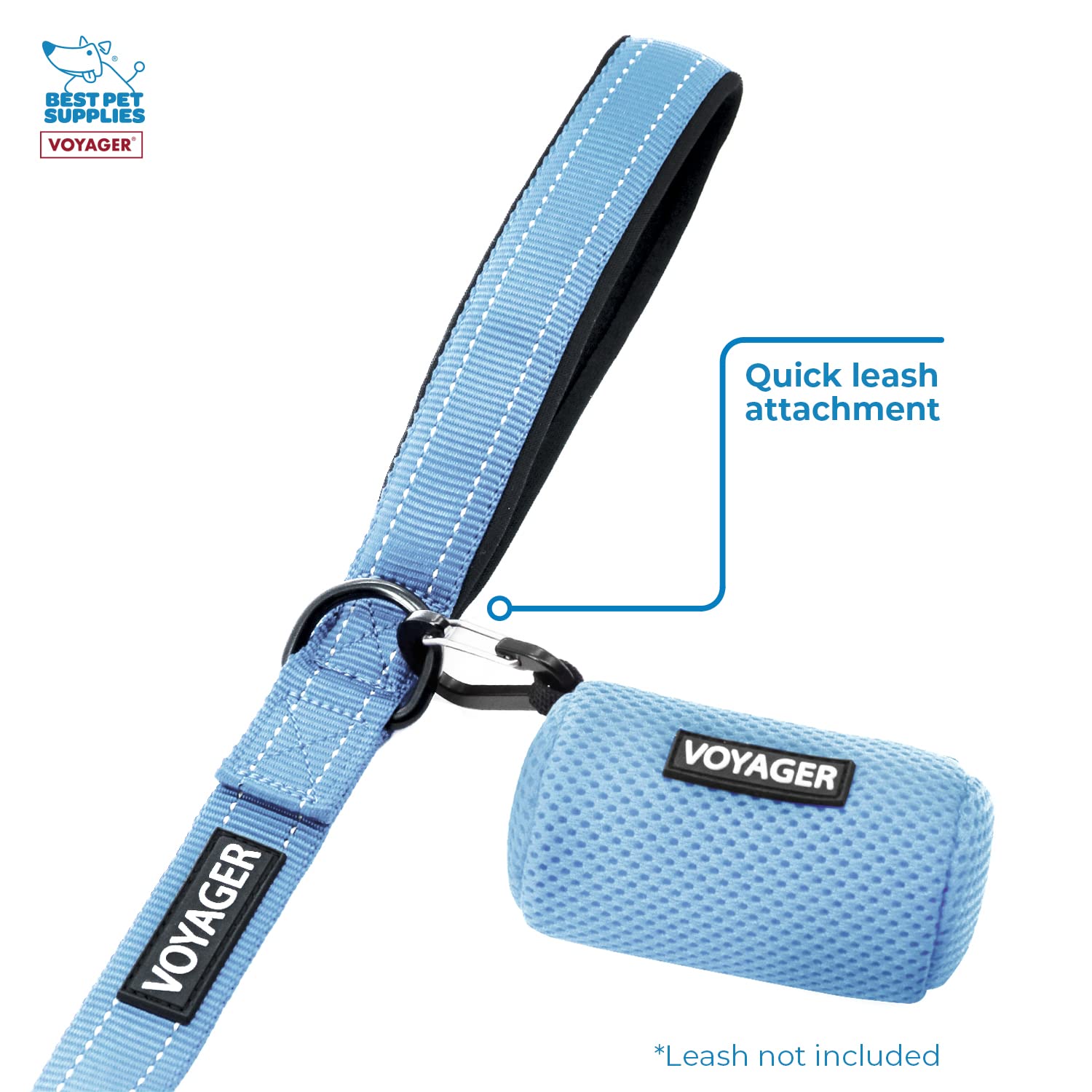 Best Pet Supplies Dog Poop Bag Holder Leash Attachment With 15 Bags, Baby Blue, Reusable Mesh Dispenser Pouch For Travel, Walkin