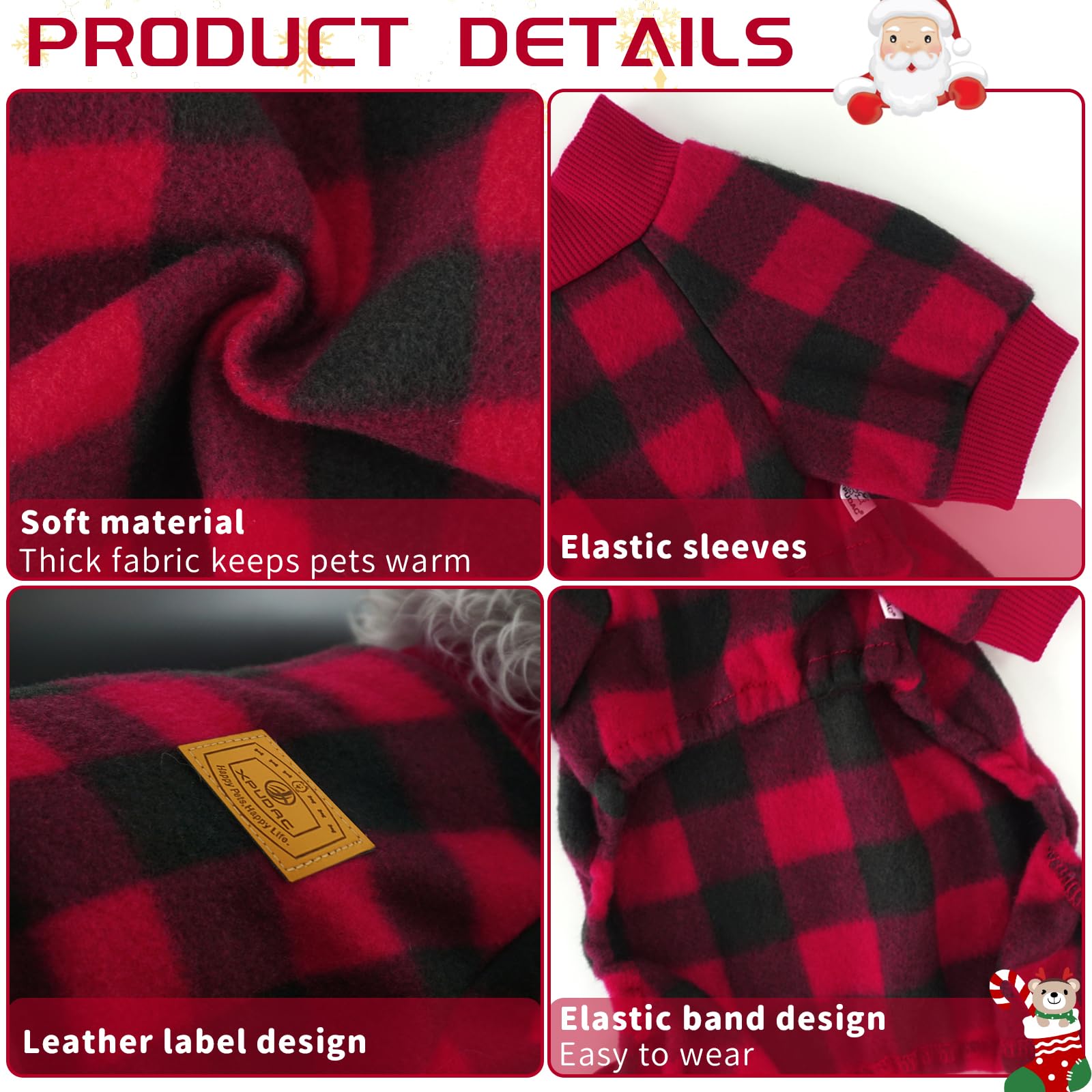 XPUDAC Dog Christmas Pajamas Plaid Dog Clothes for Small Medium Dogs Girl Boy Fleece Dog Sweater for Winter Christmas(Large)