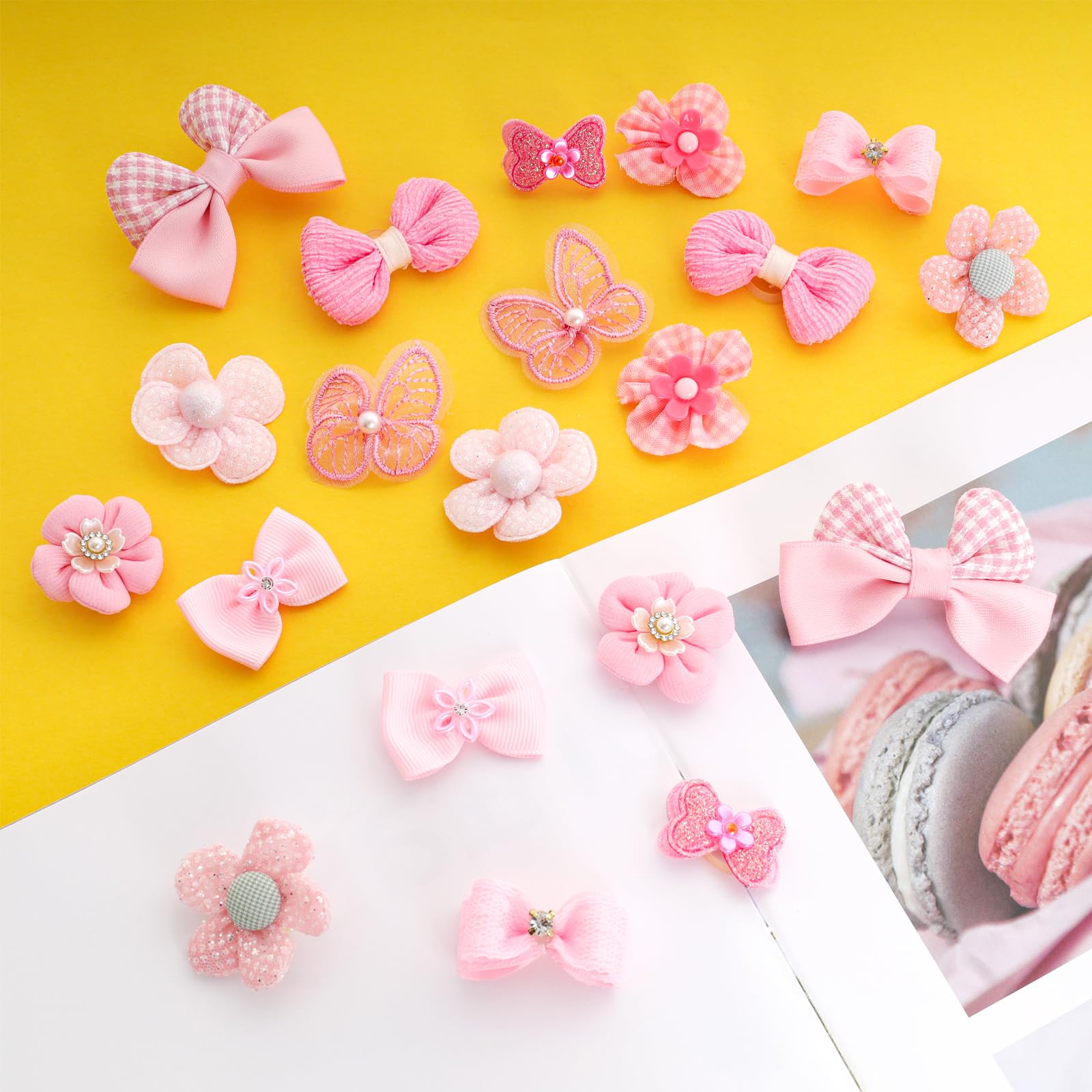 20Pcs Light Pink Small Dog Hair Bows Cute Puppy Dog Bowknot Hair Bow Bulk with Rubber Bands Elastic Lace Rhinestone Pearls Hair