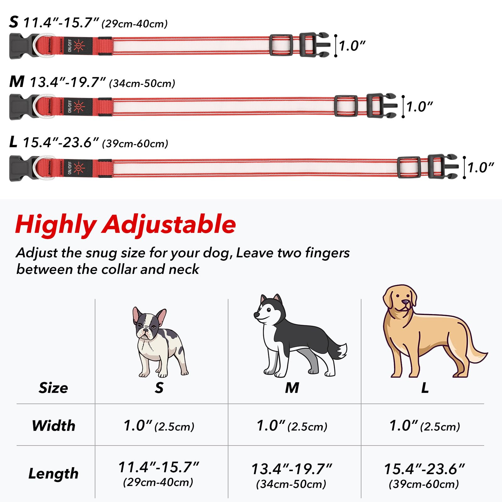 Visinite Light Up Dog Collar, Reflective Led Dog Collar, Adjustable Lighted Dog Collars Rechargeable Waterproof, Bright Dog Glow Collar For Pet Safety At Night Walking, Fit Large Medium Dogs