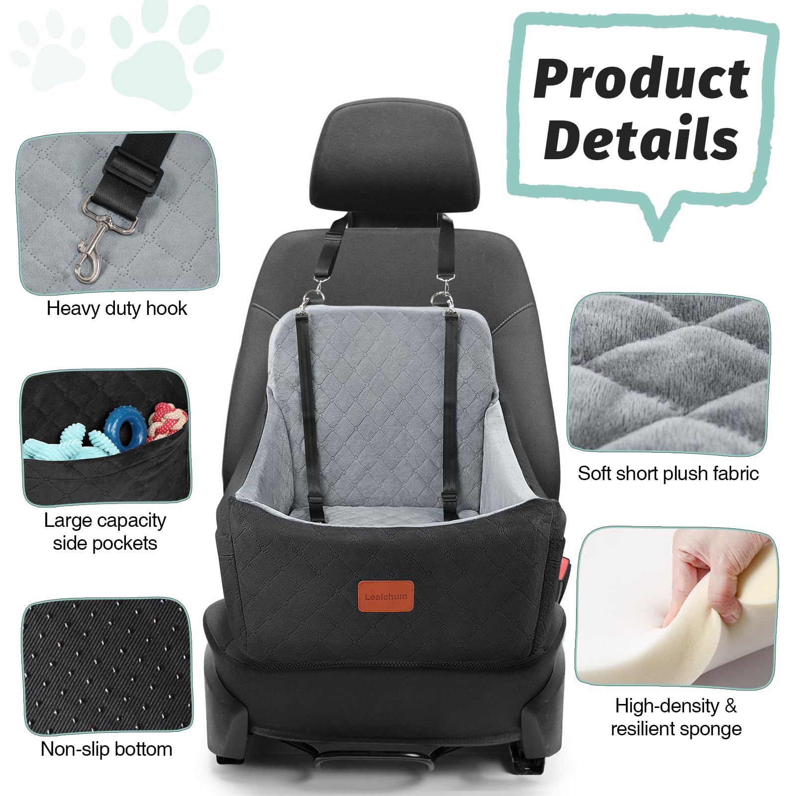 Lealchum Dog Car Seat for Dogs Up to 35lbs,Car Dog Bed Easy to Install,Medium Dog Car Seat with Adjustable Straps and Anti Slip
