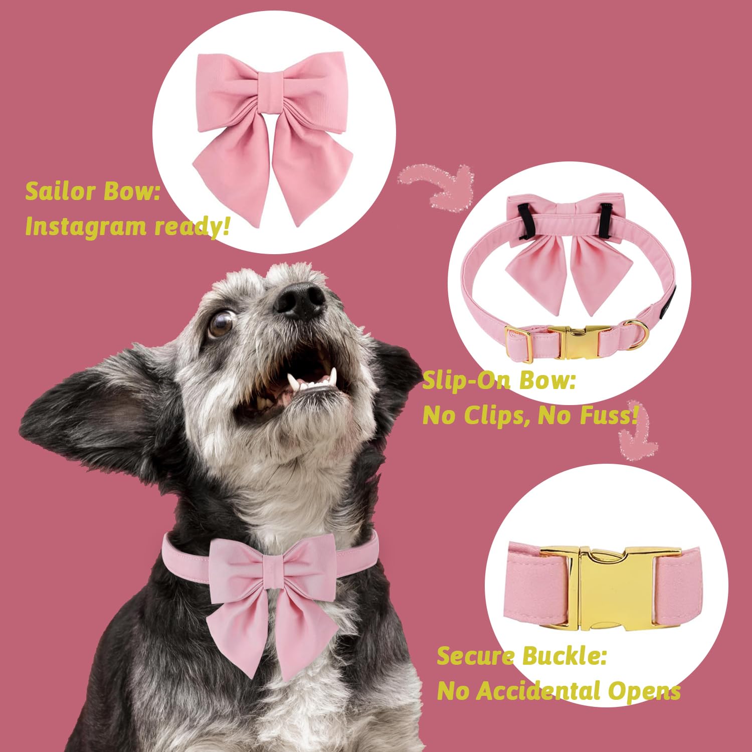 Maca Bates Dog Collar With Pink Bow Bowtie For Dogs Solid Colors Sailor Bow Tie Adjustable Breakaway Girly Cherry Collars Birthd