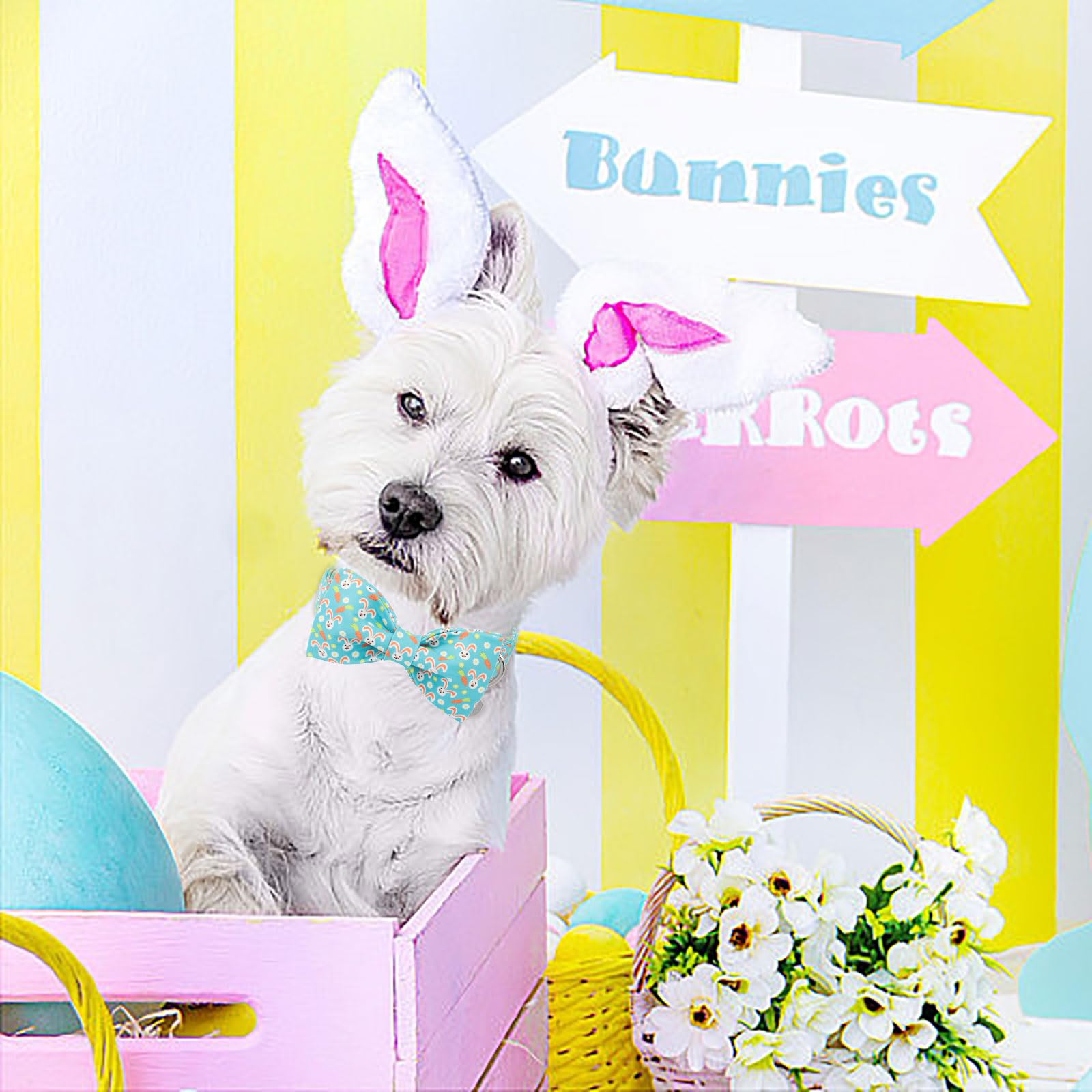 Dogwong Easter Dog Collar Rabbit Dog Collar With Bow Adjustable Bowtie Blue Bunny Dog Collars For Small Medium Large Dogs
