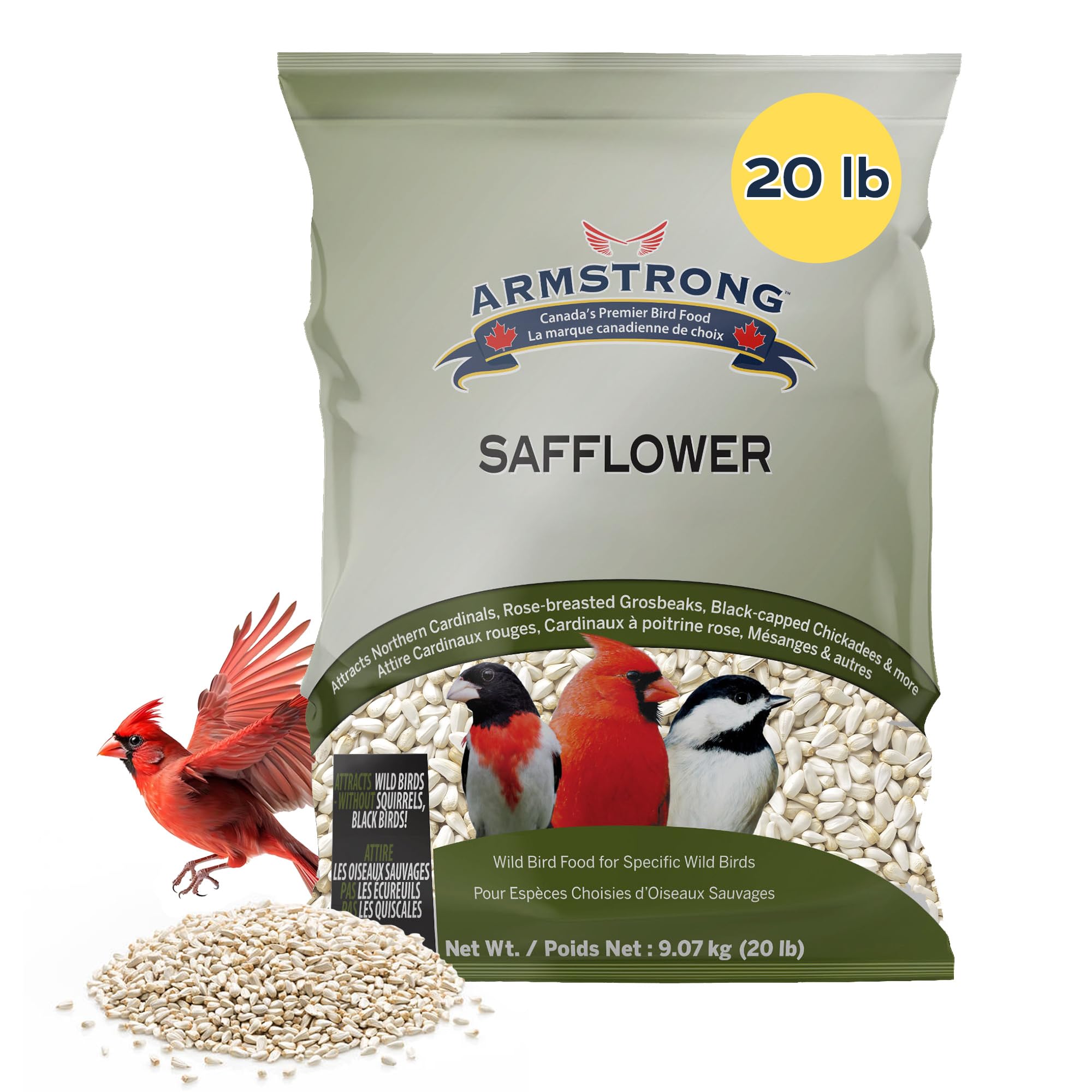 Armstrong Wild Bird Food Safflower Bird Seed, 20 Pounds - for Northern Cardinals, Rose-Breasted Grosbeaks and Black-Capped Chick