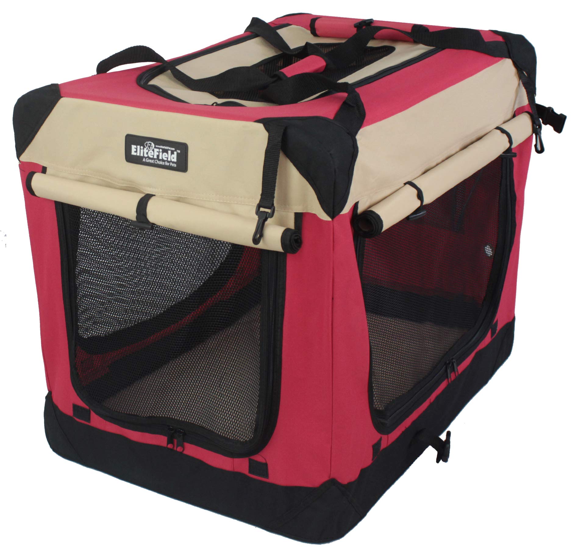 EliteField 4-Door Folding Soft Dog Crate, Indoor & Outdoor, 30" L x 21" W x 24" H, Red+Beige, Includes Carrying Bag &