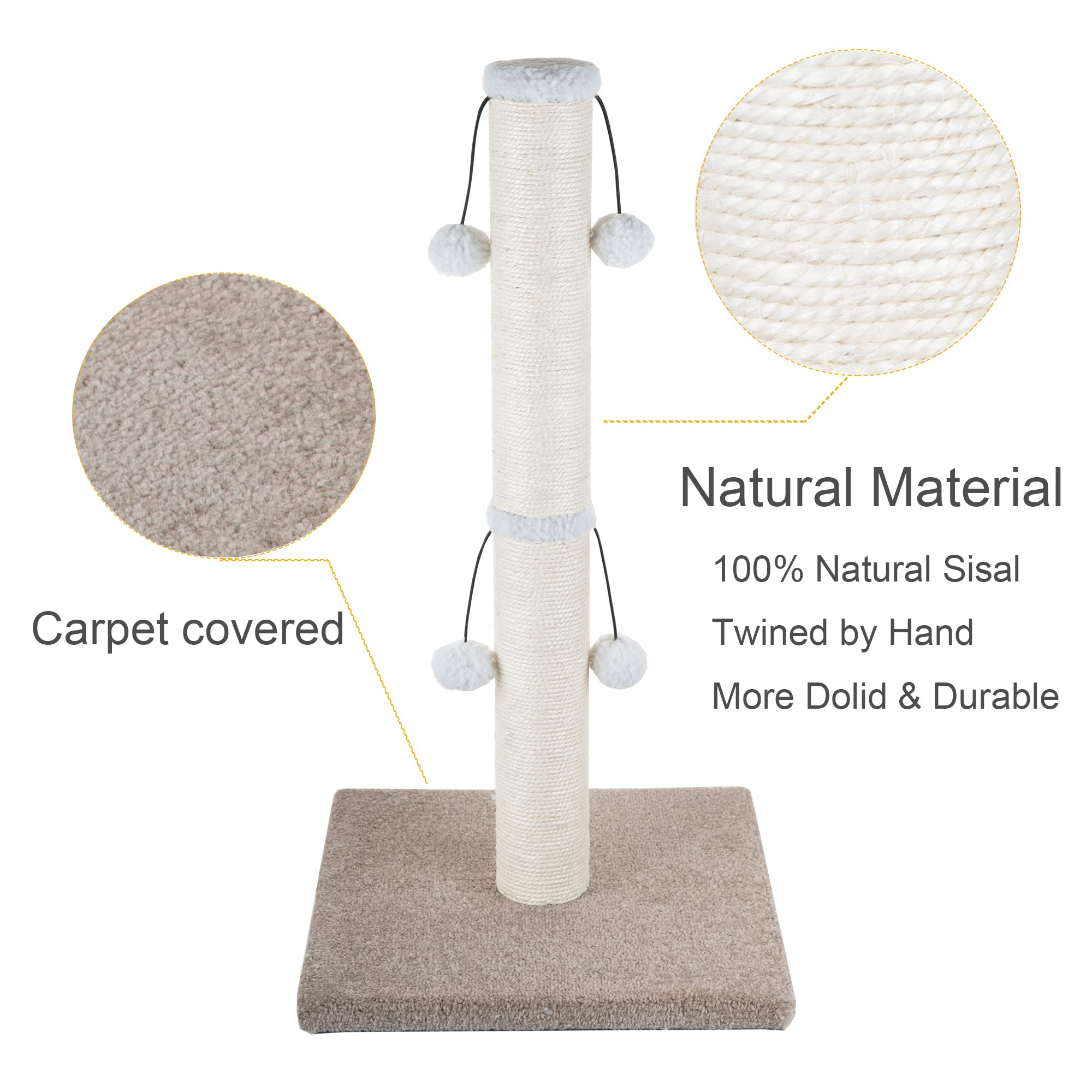 Dimaka 29' Tall Cat Scratching Post For Big Cats, Natural Sisal Rope Post And Stable Heavy Carpet Base, Adult Cat Scratcher And Tree (Beige/Yellow V2)