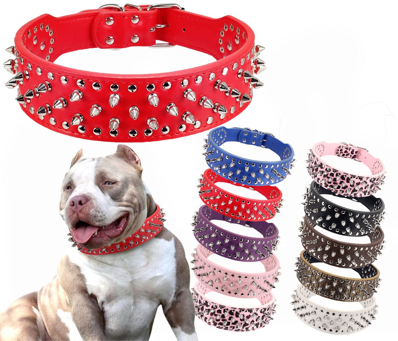 Btdcfy Hoot Pu Leather Adjustable Spiked Studded Dog Collar 2'' Wide 37 Spikes (M(Neck 19''-22''), Red)
