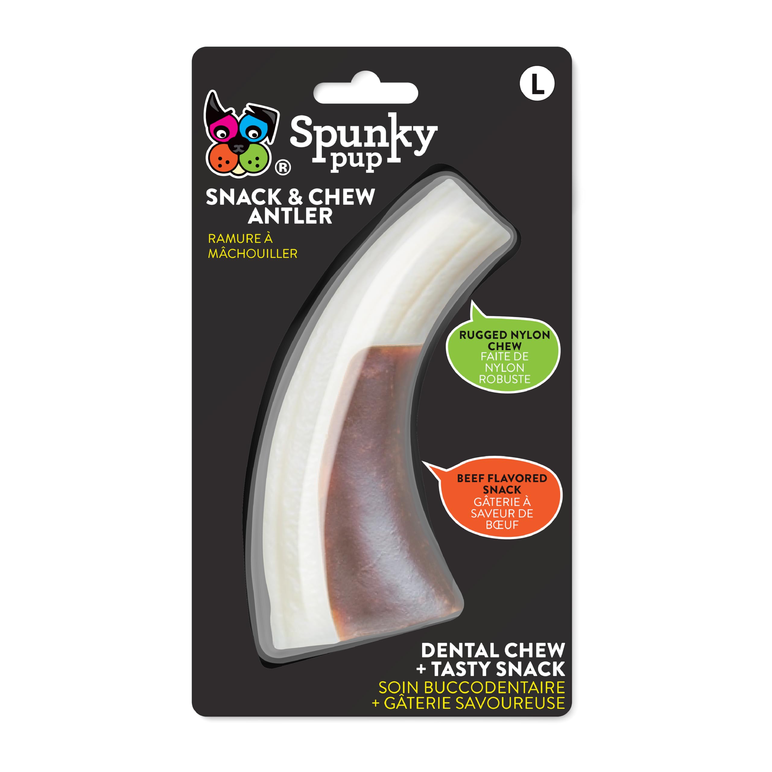 Spunky Pup Snack & Chew Antler - Durable Nylon Dog Chew Toy With Embedded Beef-Flavored Treat, Promotes Dental Health - Antler T