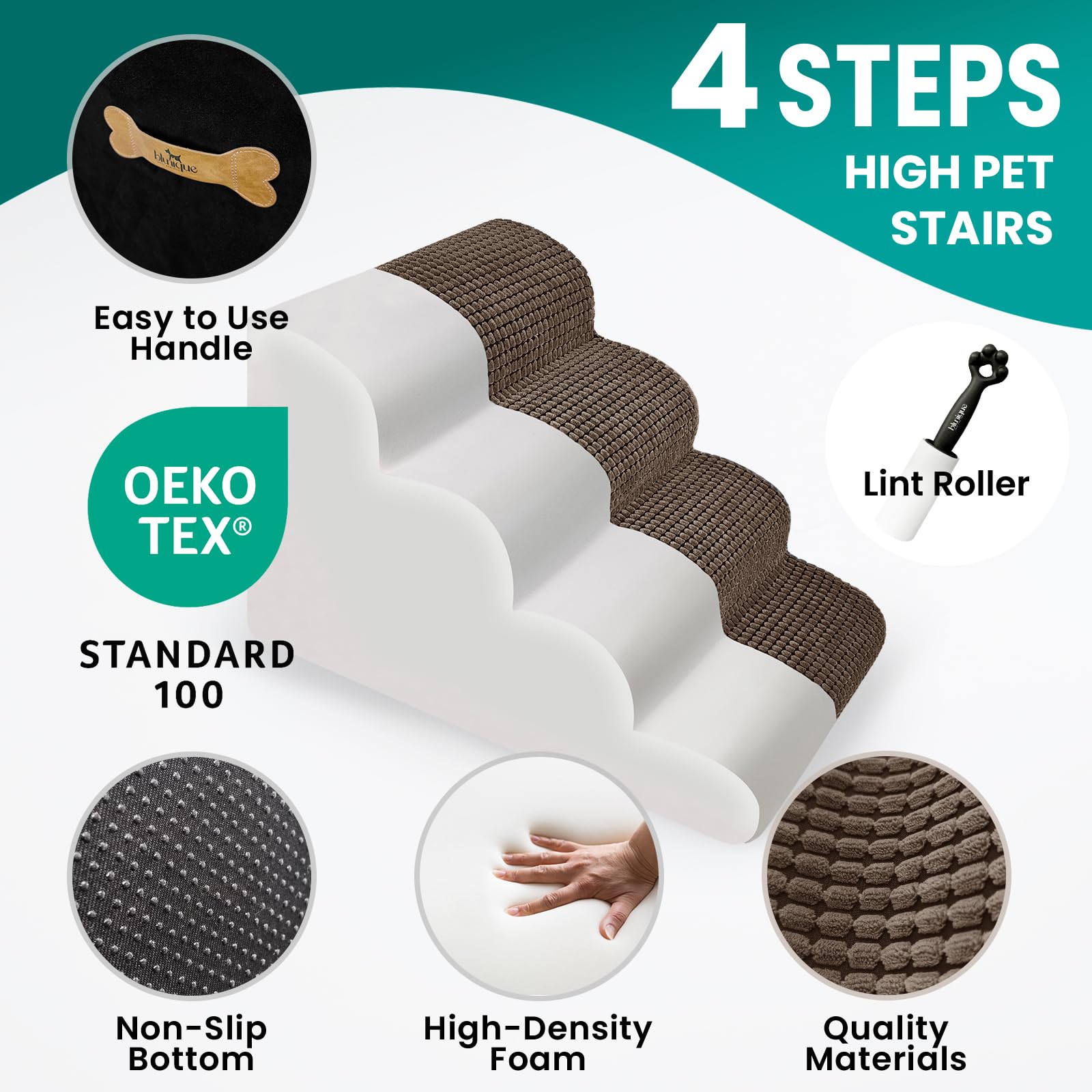 Blunique Dog Stairs for Small Pets, 20.5 in H 4 Step Curved Ramp for High Bed and Couch, Foam With Durable Non-Slip Waterproof F