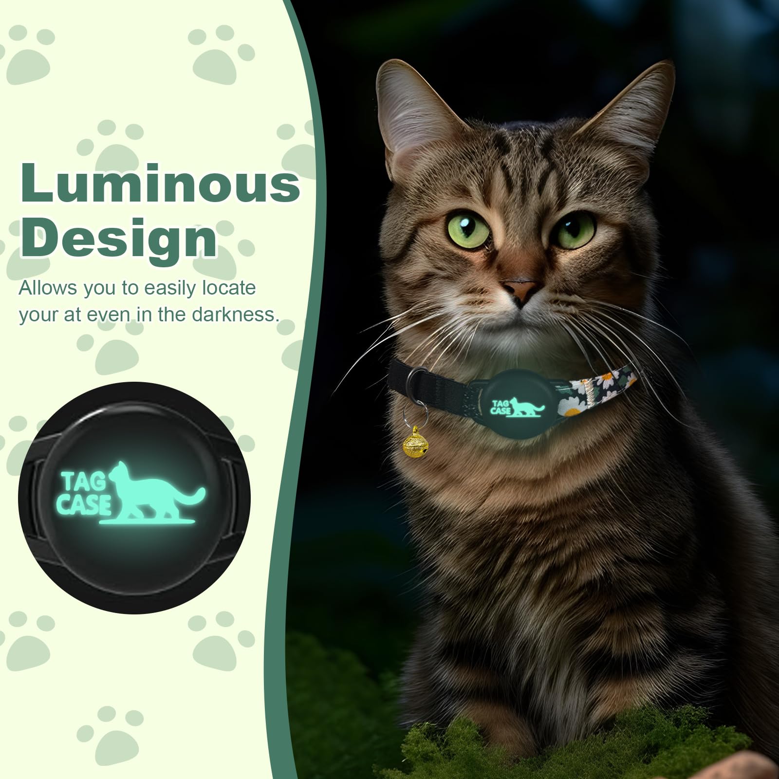 Airtag Cat Collar - Reflective & Luminous Cat Collar With Bells & Waterproof Airtag Holder,Safety Elastic Band & Breakaway Cat T