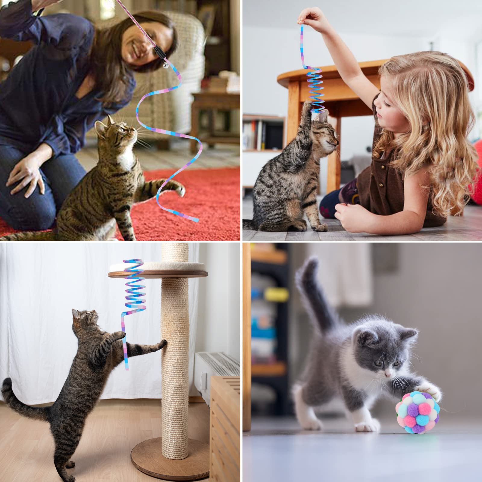 Tusatiy Cat Toys 3Pack, Cat Wand Toy Cat Fuzzy Balls With Bells &Cat Springs, Rainbow Color Interactive Cat Toys For Indoor Cats Kittens (Rainbow-Purple)