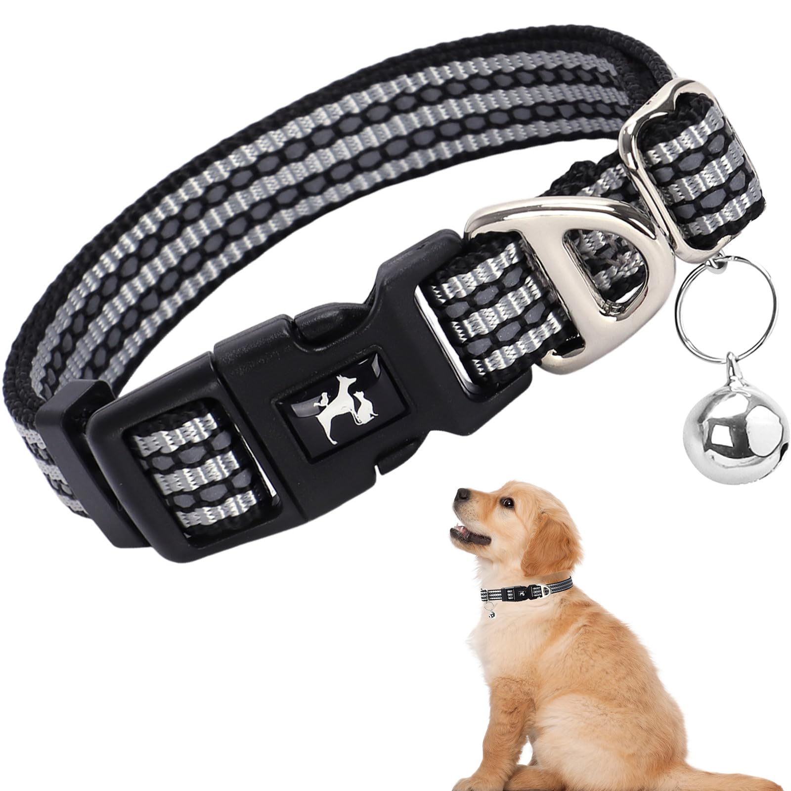 Puppy Collar With Bell For Small Dogs - Reflective Nylon Adjustable Collar For Xs & S Dogs High Visibility For Night Walks, For 