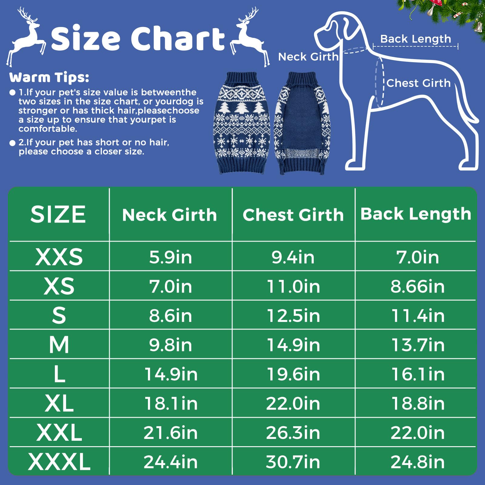 Christmas Dog Sweaters & Shirts - Soft Warm Turtleneck For Small To Large Dogs, Double Knit Collar For Outdoors, Blue, Xxs