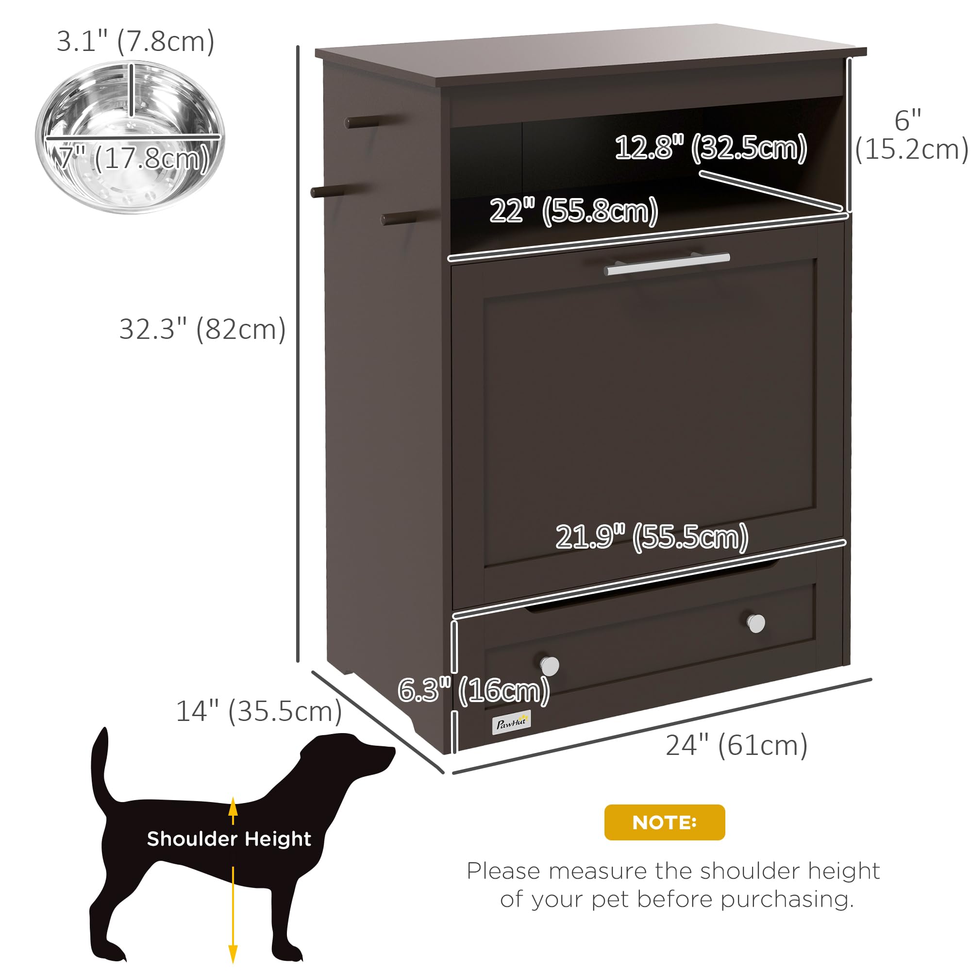 PawHut Pet Feeder Station Storage Cabinet, Dog Food Storage Container with Dog Raised Bowls and Hanger for Feeding & Watering Su