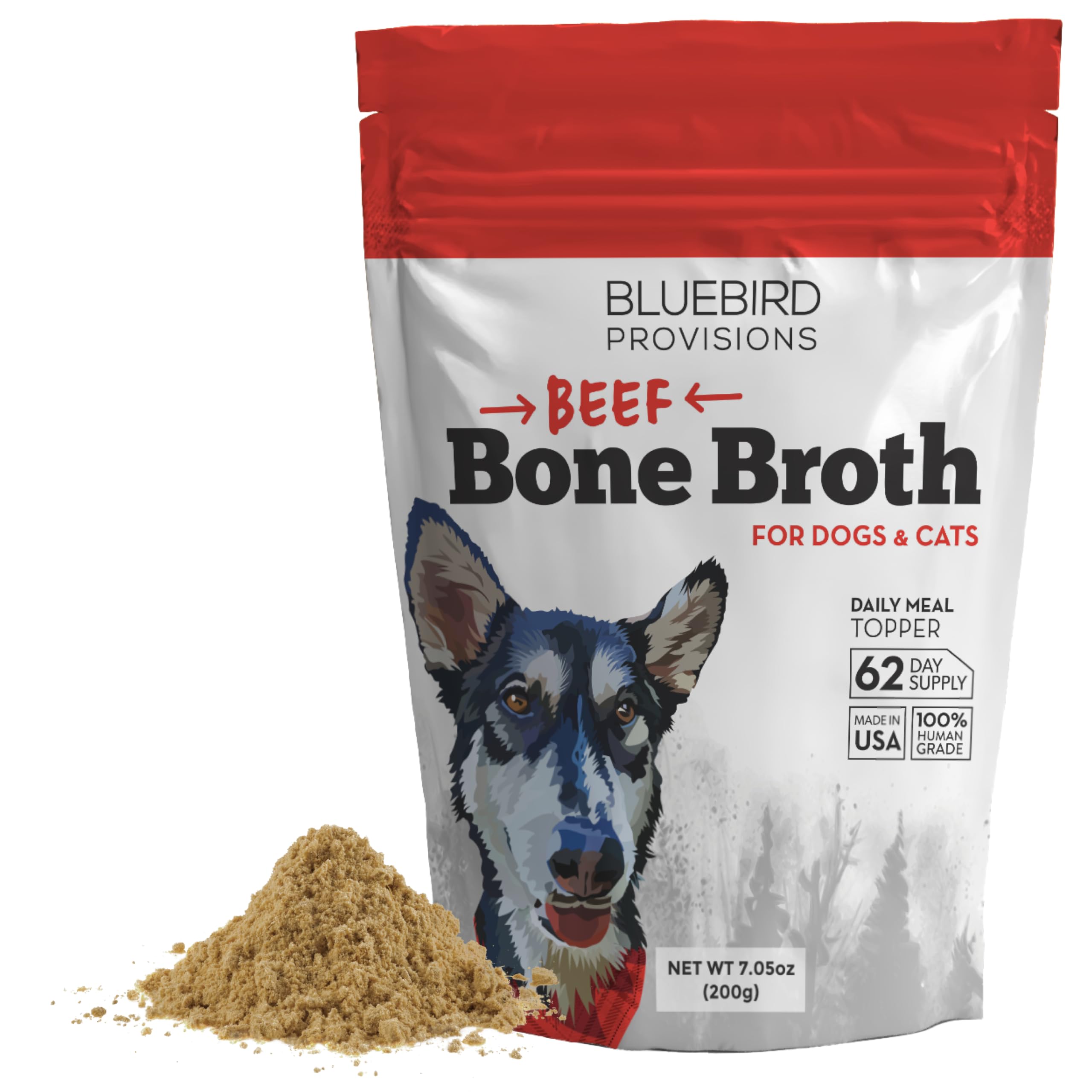 BLUEBIRD PROVISIONS Beef Bone Broth for Dogs - High Protein Bone Broth for Cats - Beef Bone Broth Powder for Dogs - Dehydrated B