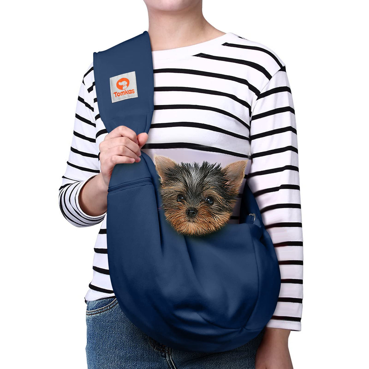 Tomkas Small Dog Sling Carrier - Zipper Pocket & Adjustable Strap & Zip Pocket - For 3-10 Lbs Pets(Dark Blue)