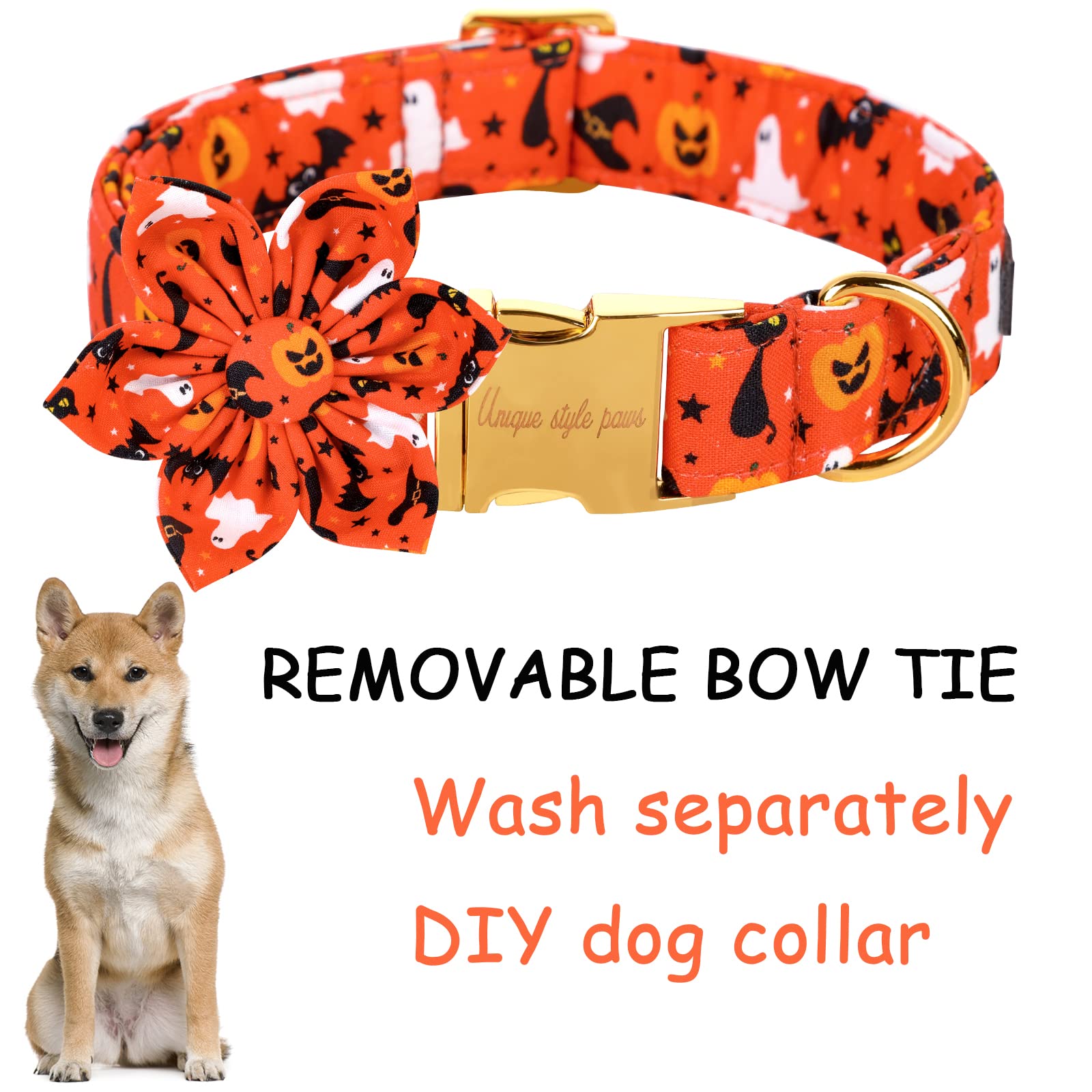 Unique Style Paws Halloween Dog Collar With Flower Tie Cotton Adjustable Puppy Collar For Small Medium Large Dogs-L