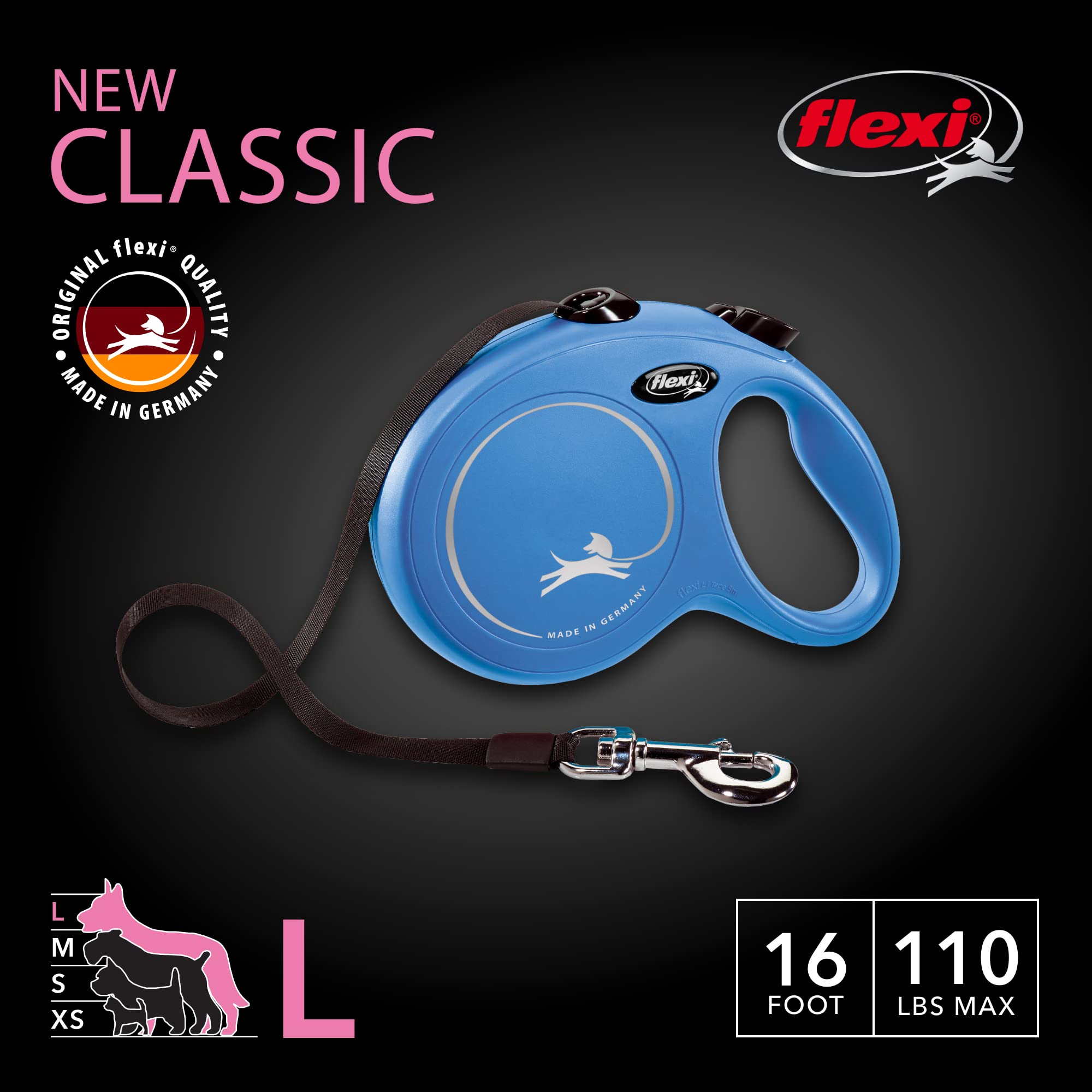Flexi New Classic Tape Retractable Dog Leash For Large Dogs Upto 110 Lbs. – 16 Ft., Blue | Tangle Free Pet Walking Leash With One-Handed Brake, Pause, Lock|German Quality Product