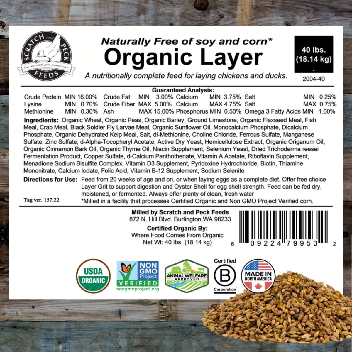 Scratch and Peck Feeds Whole Grain Layer Mash Chicken and Duck Feed - 40 lbs Bag - Corn-Free and Soy-Free - 16% Protein, Certifi