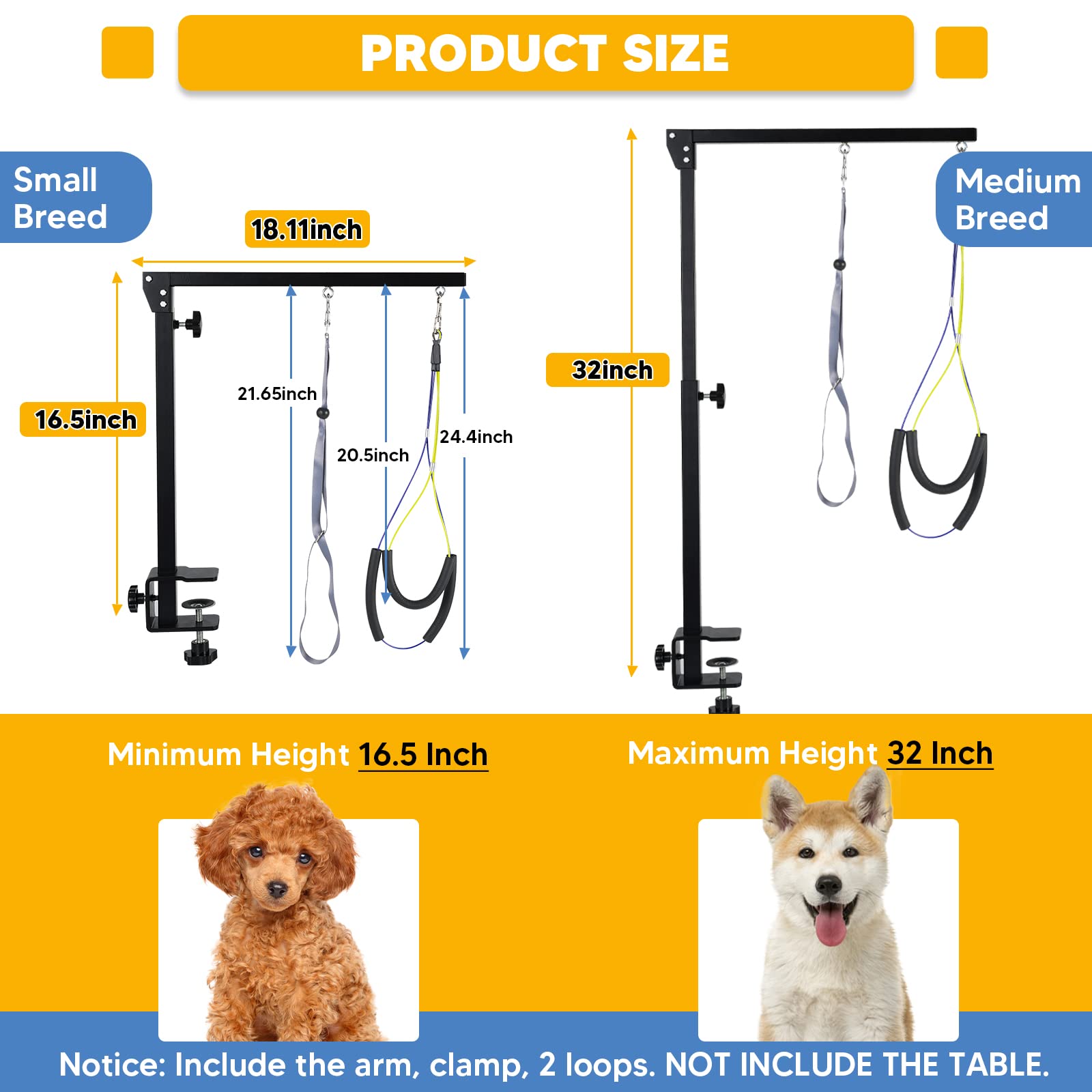 Adjustable Dog Grooming Arms With Anti-Slip Powerful Metal Clamp,Portable Pet Grooming Arm For Table With 1 Loop Noose & Two No