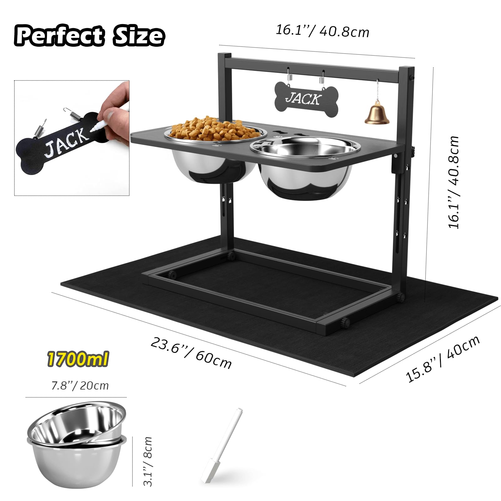 SHAINFUN Elevated Dog Bowls for Large Dog with Mat, Adjustable Height 4.3''-11.8'', Metal Raised Dog Bowl Stand, Two 1.7L Stainl