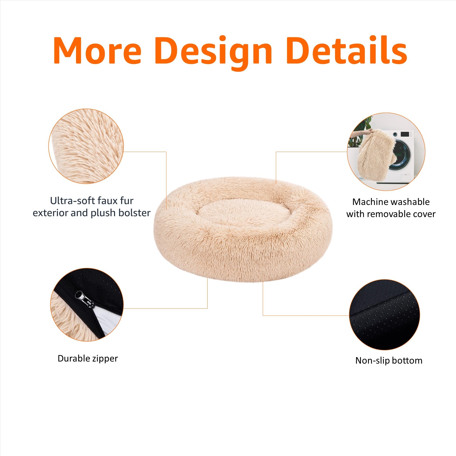 Amazon Basics Donut Pet Bolster Faux Fur Bed for Dog, Beige, 36'' x 36''