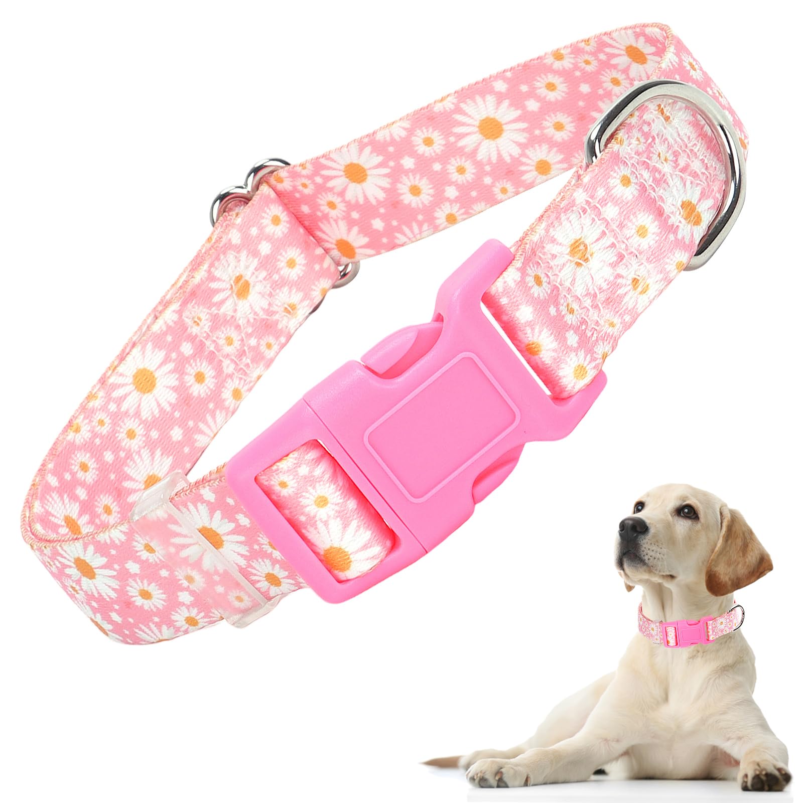Pink Dog Collars For Medium Dogs, Girl Dog Collars With Hot Daisy Flowers, Adjustable Comfy Soft Pet Collar With Safety Buckle F