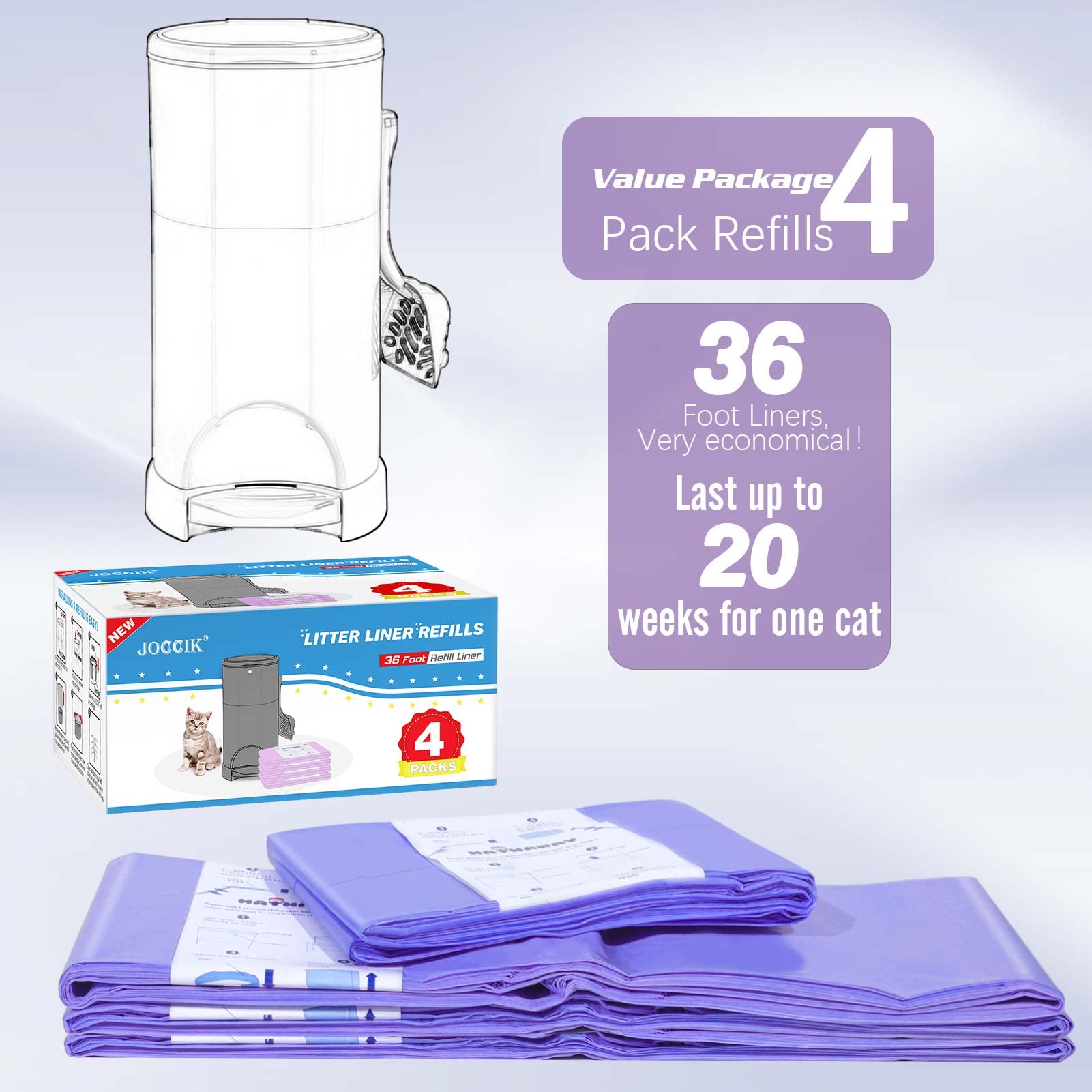 RUZAKO Litter Refill Bags, 36ft Waste Receptacle Liners, 4 Pack Compatible with Litter Champ, Durable and Convenient