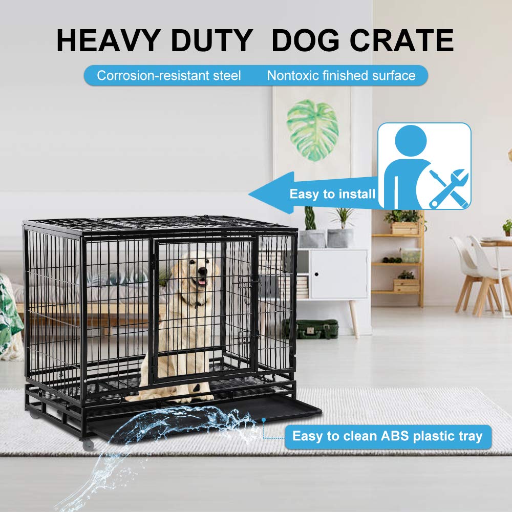 Dog Cage Crate Heavy Duty Sturdy Metal 48/42/36' Large Pet Dog Kennel Fence For Training, Indoor And Outdoor Dog Fence With Lockable Wheels And Plastic Tray And Double Door And Lock Design,Black