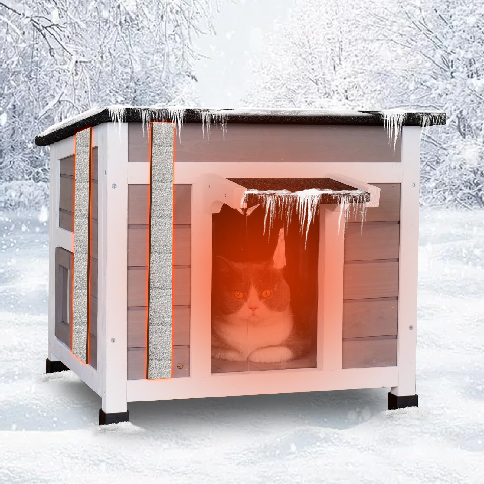 Funxplore Outdoor Cat House Insulated Feral Cat Shelter Weatherproof Outside Cat Enclosure For Winter Gray