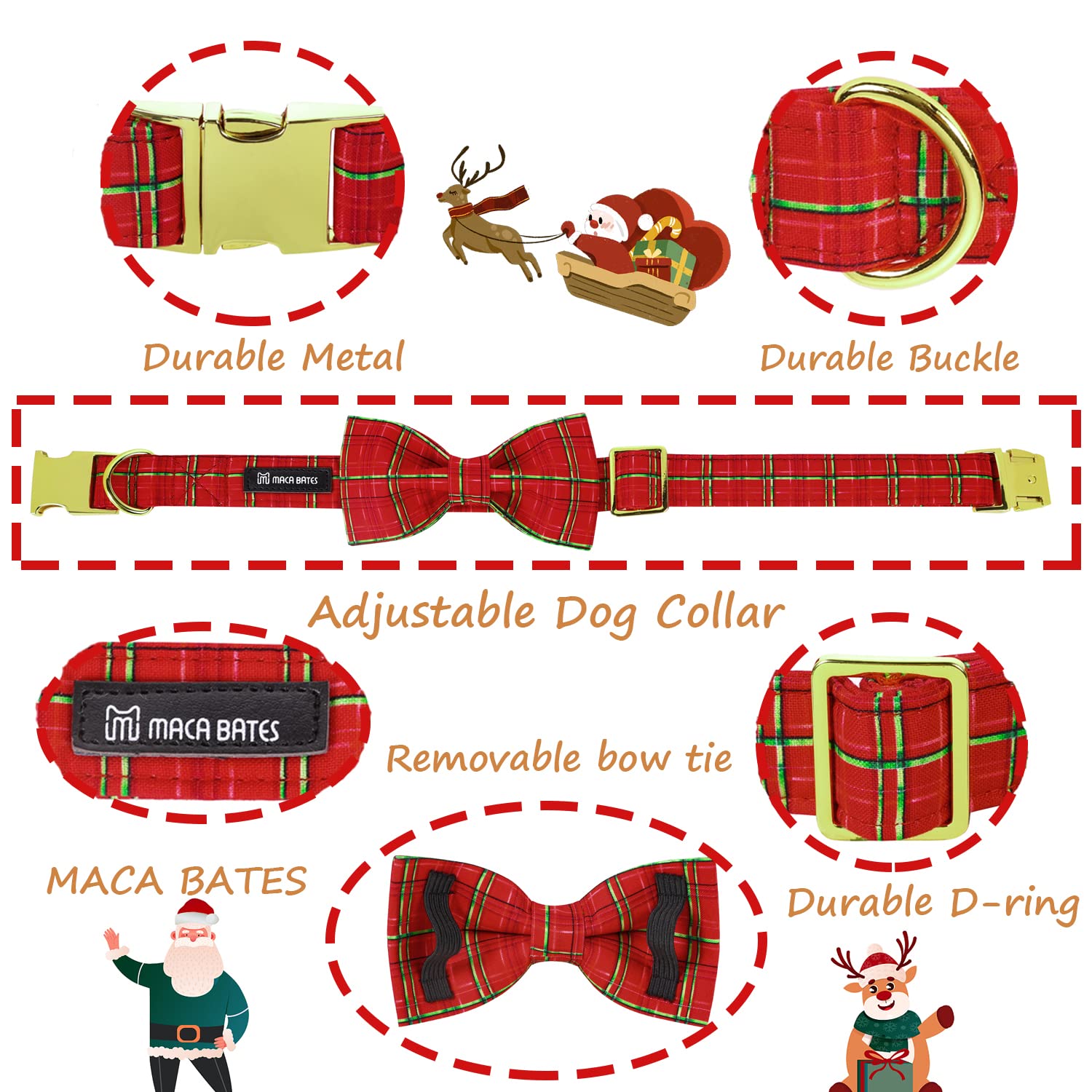 Maca Bates Christmas Dog Collar With Bow Tie & Flower Tie, Dog Bandana For Small Medium Large Dogs,Elk Christmas Tree Winter Dog Collar With Adjustable Metal Buckle
