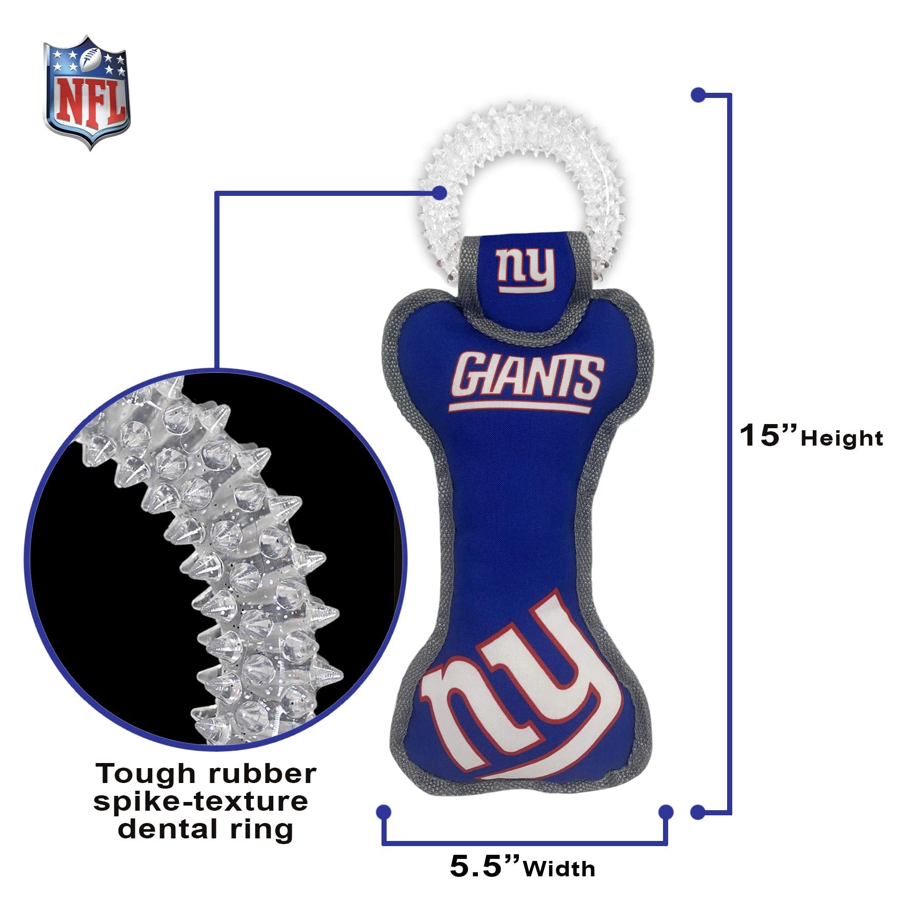 Pets First NFL New York Giants Dental Dog TUG Toy with Squeaker. Tough PET Toy for Healthy Fun, Teething & Cleaning Pet's Teeth