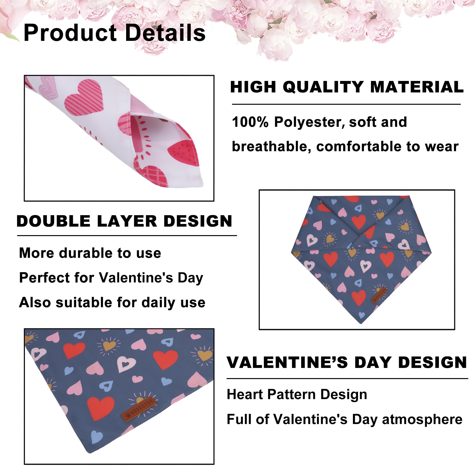 ADOGGYGO Valentine Dog Bandana, Colorful Heart Pet Scarf, Multi Size Offered, White Blue Valentine Heart Bandanas for Large and