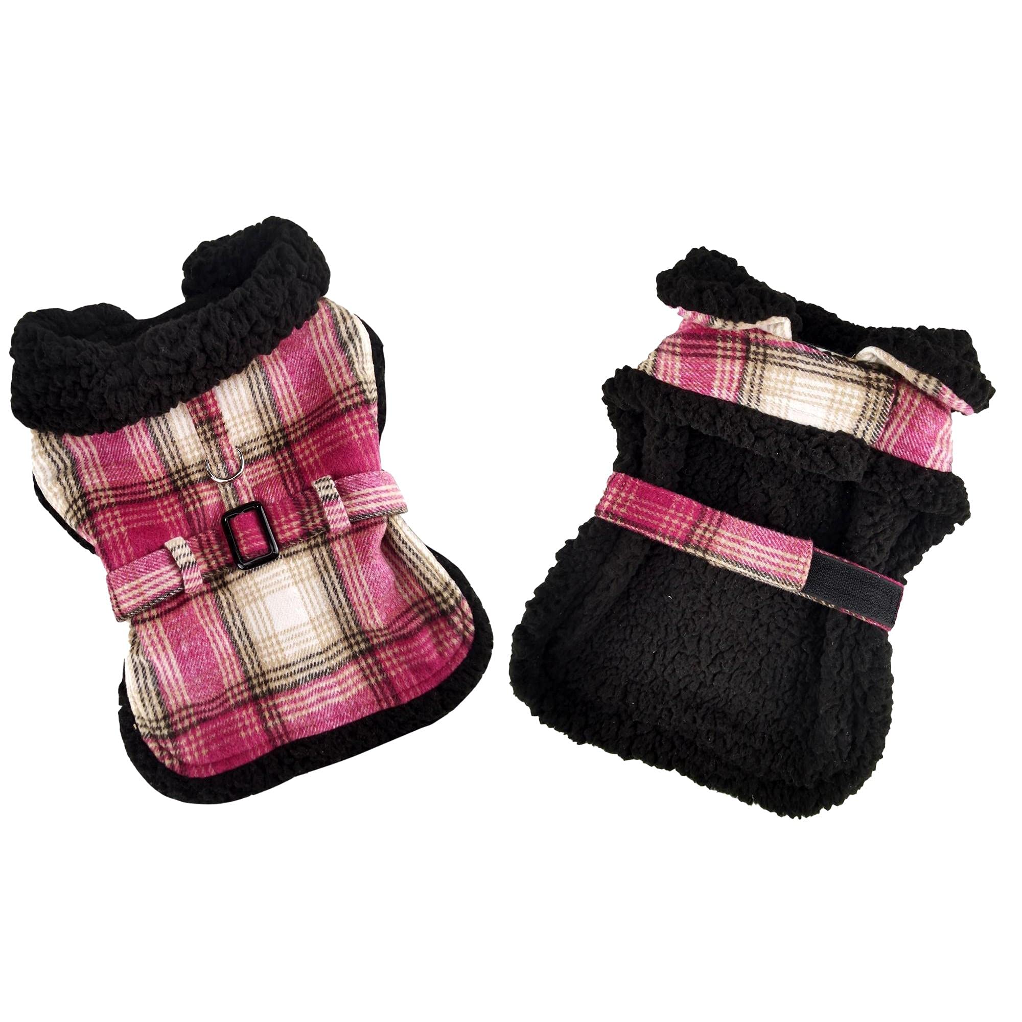 Sherpa-Lined Dog Harness Coat (Medium, Hot Pink & Tan Plaid)