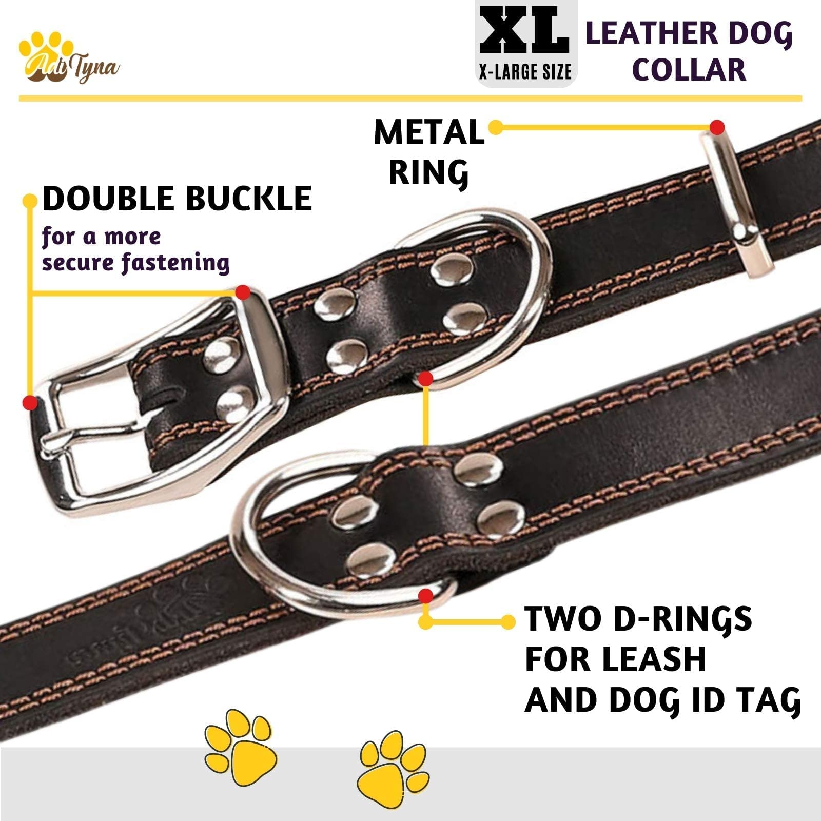 Adityna Heavy Duty Leather Dog Collar For Extra-Large Dogs - Black Xl Dog Collar - Soft And Strong Big Dog Collar (Extra-Large, Black)