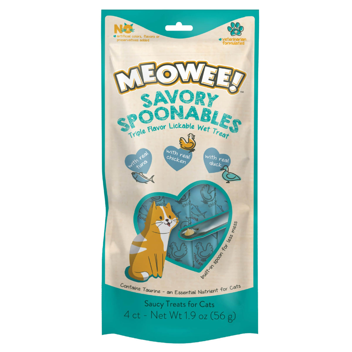 Meowee! Savory Spoonables With Real Tuna, Chicken & Duck, 4 Count Tube, Triple Flavor Squeezable Lickable Wet Treats For Cats Wi