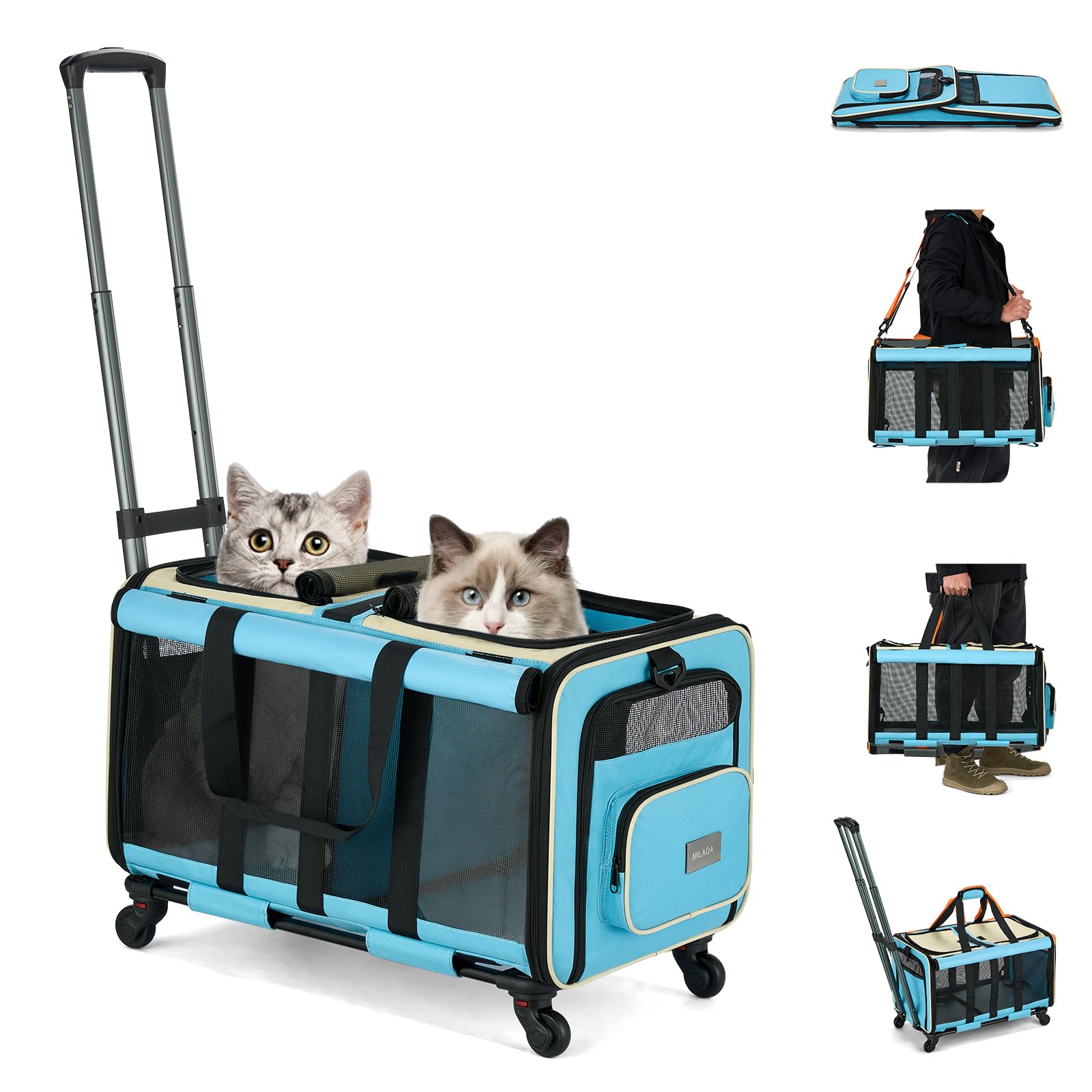 Milada Cat Carrier Soft With Wheels For 2 Cats Soft Cat Carrier With Handle Foldable Double-Compartment Rolling Pet Carrier For 