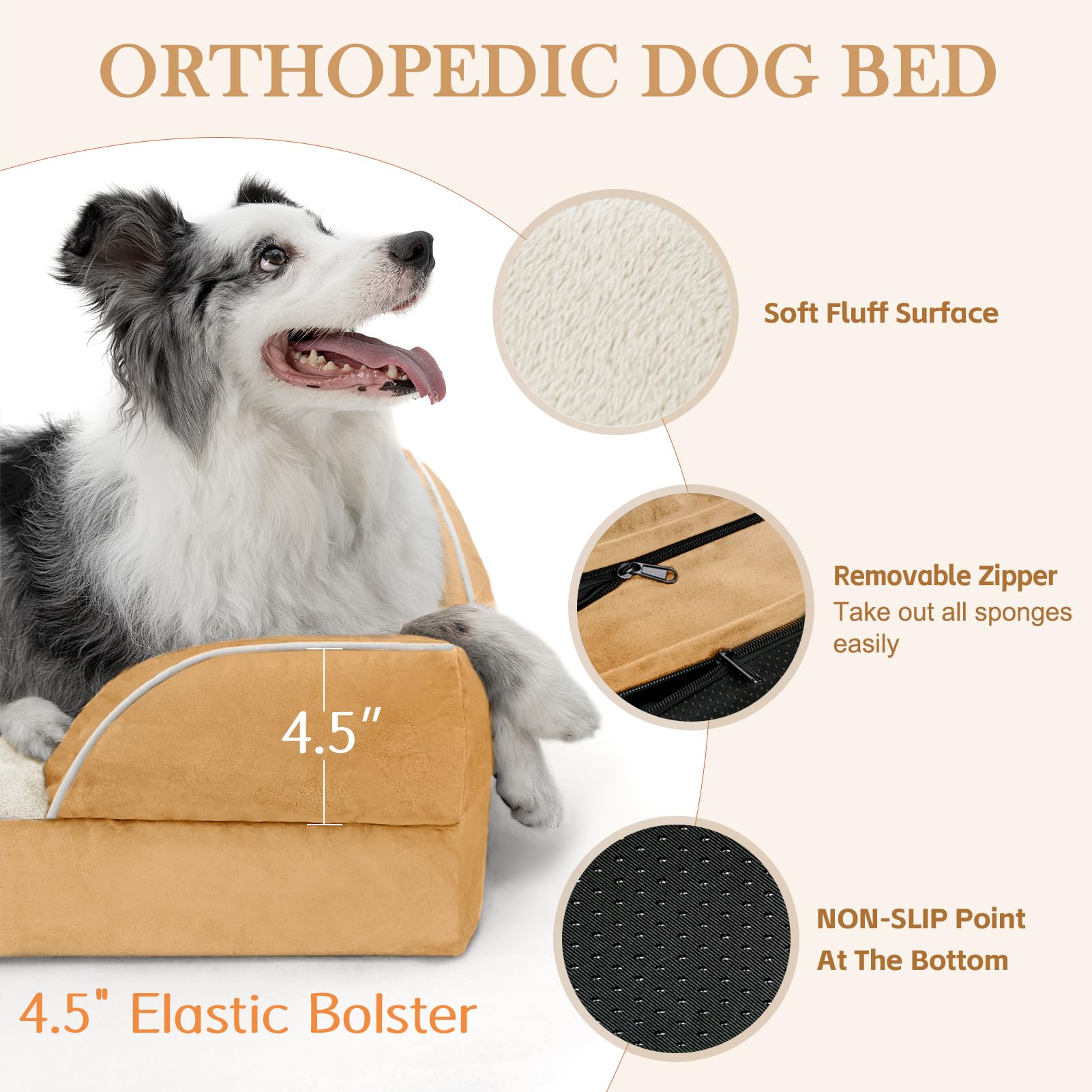 Comfort Expression Large Dog Beds Waterproof, Orthopedic Dog Beds For Large Sized Dogs, Comfy Pet Bed Sofa With Washable Removable Cover & Non-Slip Bottom(Large,Khaki)