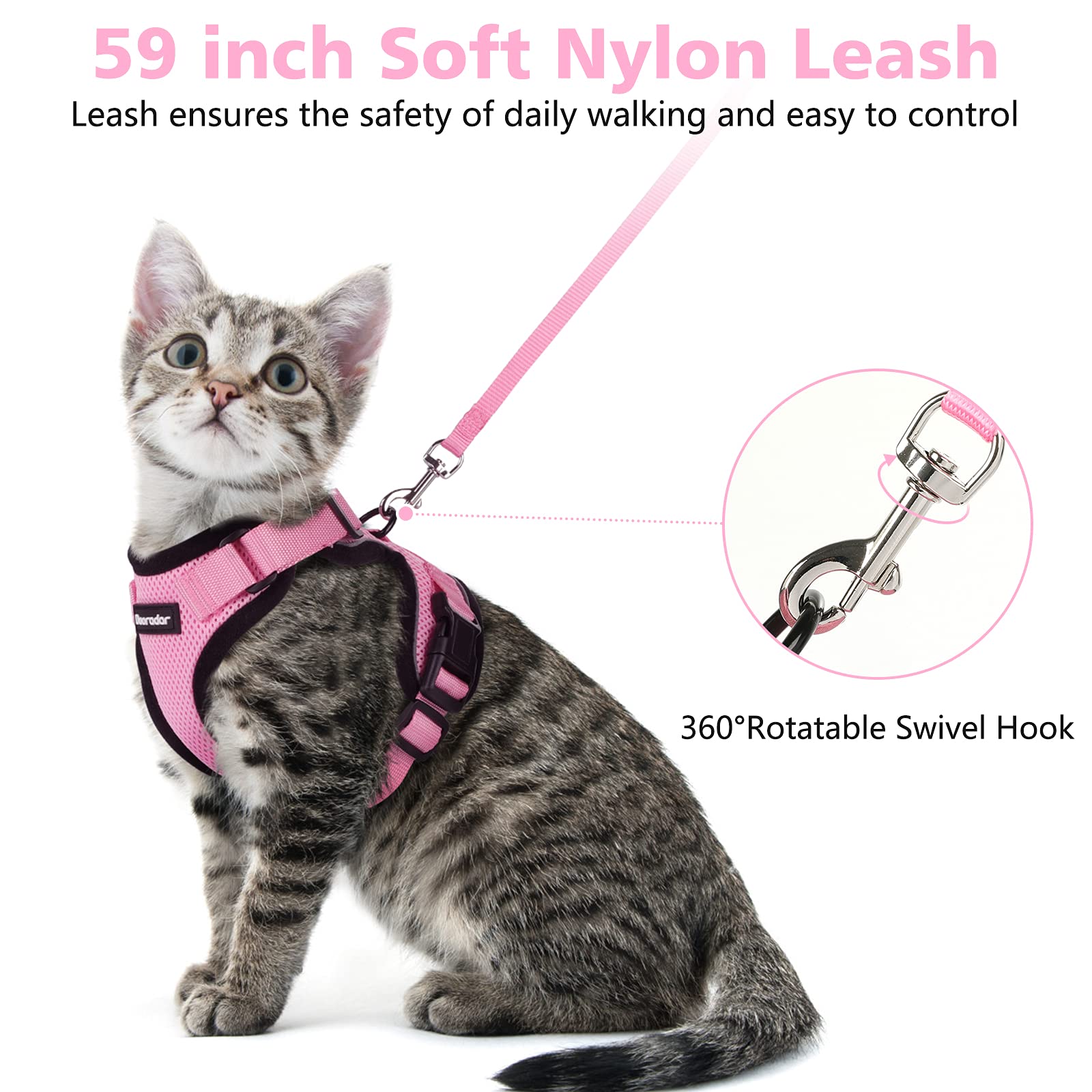 Dooradar Cat Harness and Leash Set, Adjustable Pink XS Vest, Soft Mesh, Escape Proof, Reflective Strips, Model YXMJTZ02XSPK20CW