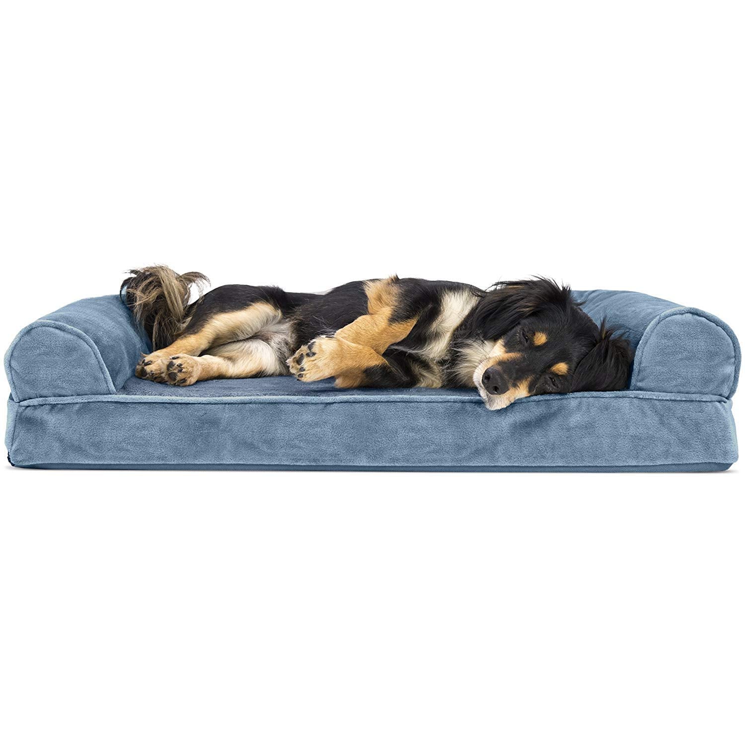 Furhaven Orthopedic Dog Bed For Medium/Small Dogs W/ Removable Bolsters & Washable Cover, For Dogs Up To 35 Lbs - Faux Fur & Velvet Sofa - Harbor Blue, Medium