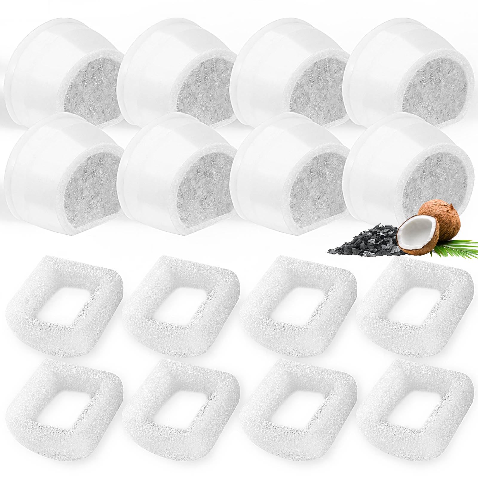 16 Pack Cat Water Fountain Filters Replacement, 8 Carbon Filters and 8 Foam Sponge Pre-Filter Fit for Multiple Ceramic and Stain