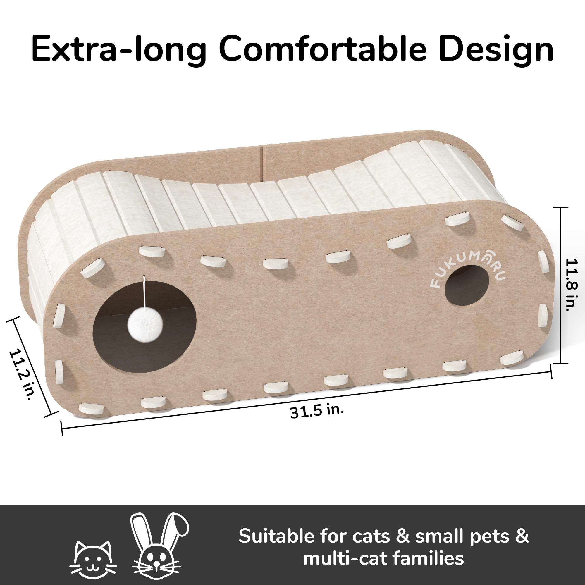 Fukumaru Cat Beds For Indoor Pets, 31.5 Inches Extra-Large Cat Cave For Multi-Pet, Cozy House With Fluffy Ball Hanging, Scratch