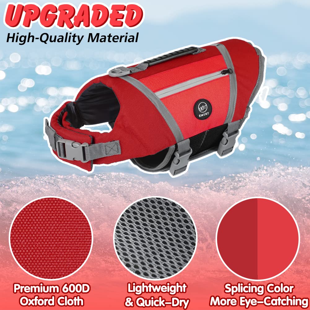 Emust Dog Life Vests - Lightweight Floating Vest With Rescue Handle, Quick-Release Buckles, Adjustable Dog Lifejacket With Pocke