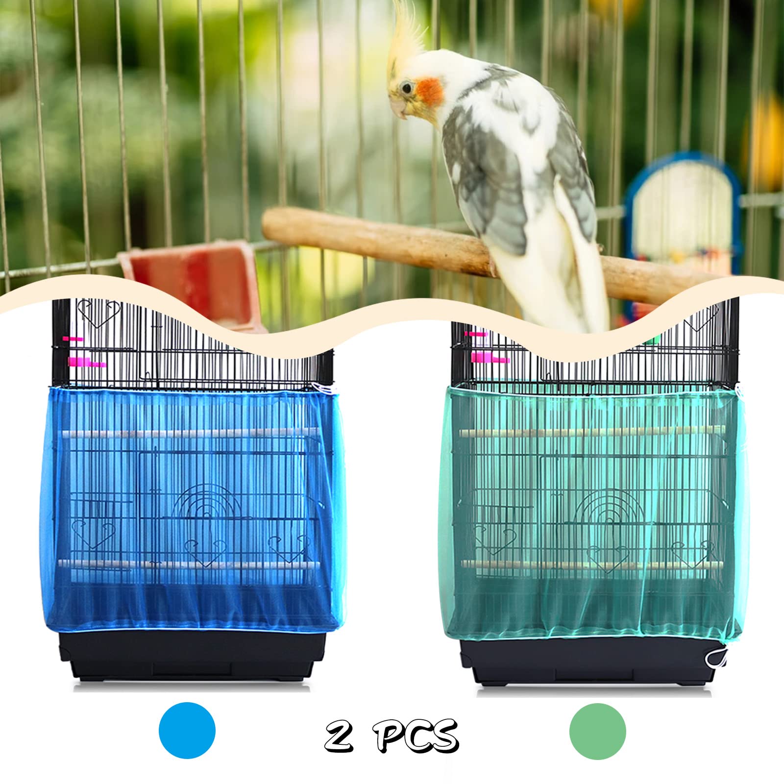 Daoeny 2Pcs Universal Bird Cage Cover, Adjustable Seed Feather Catcher, Soft Airy Nylon Mesh Parrot Net, Birdcage Cover Skirt Sheer Guard For Round Square Cages (Green+ Blue)