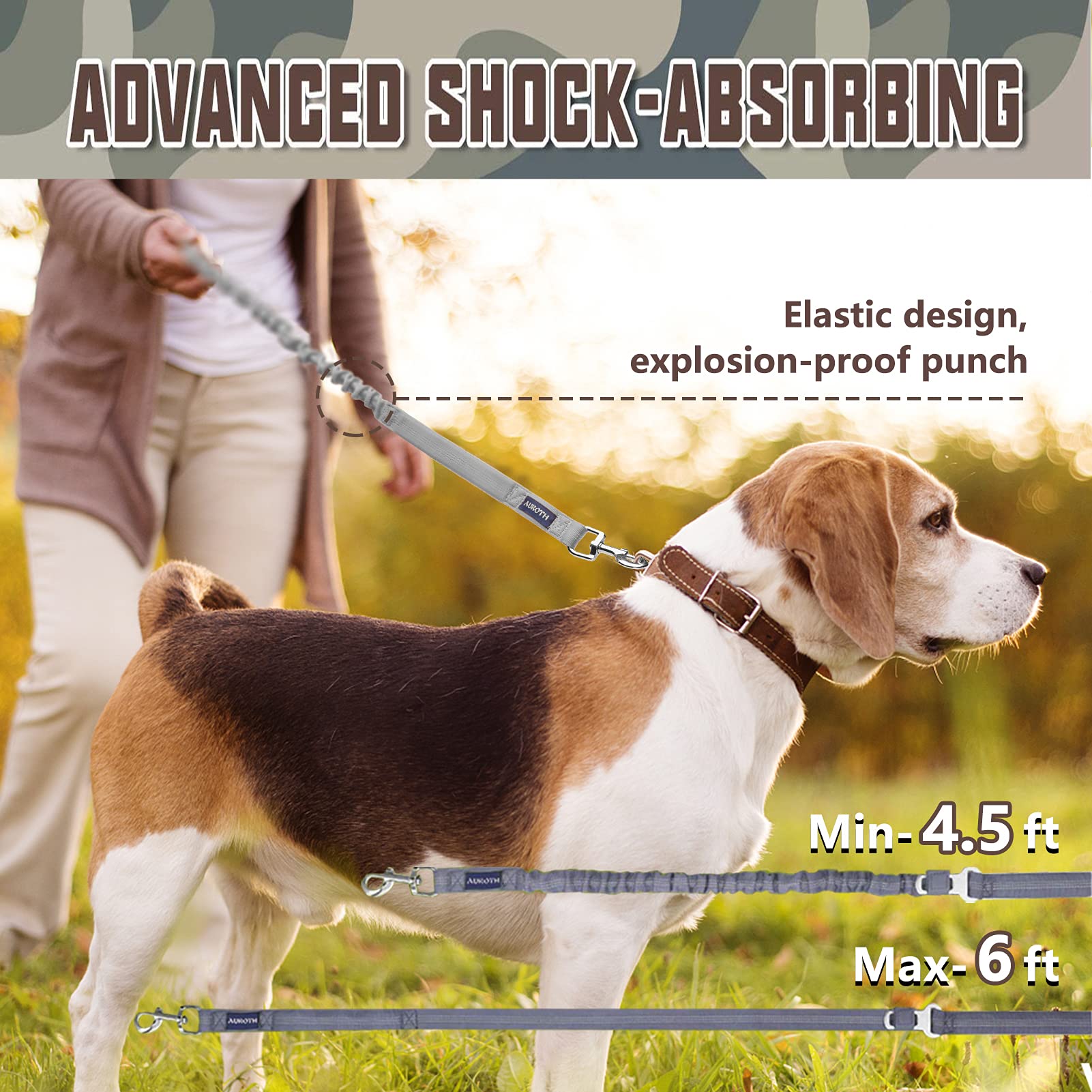 Auroth Heavy Duty Dog Leash For Large Breeds, Bungee No Pull Leash With Shock Absorption, 6Ft With 2 Padded Handles