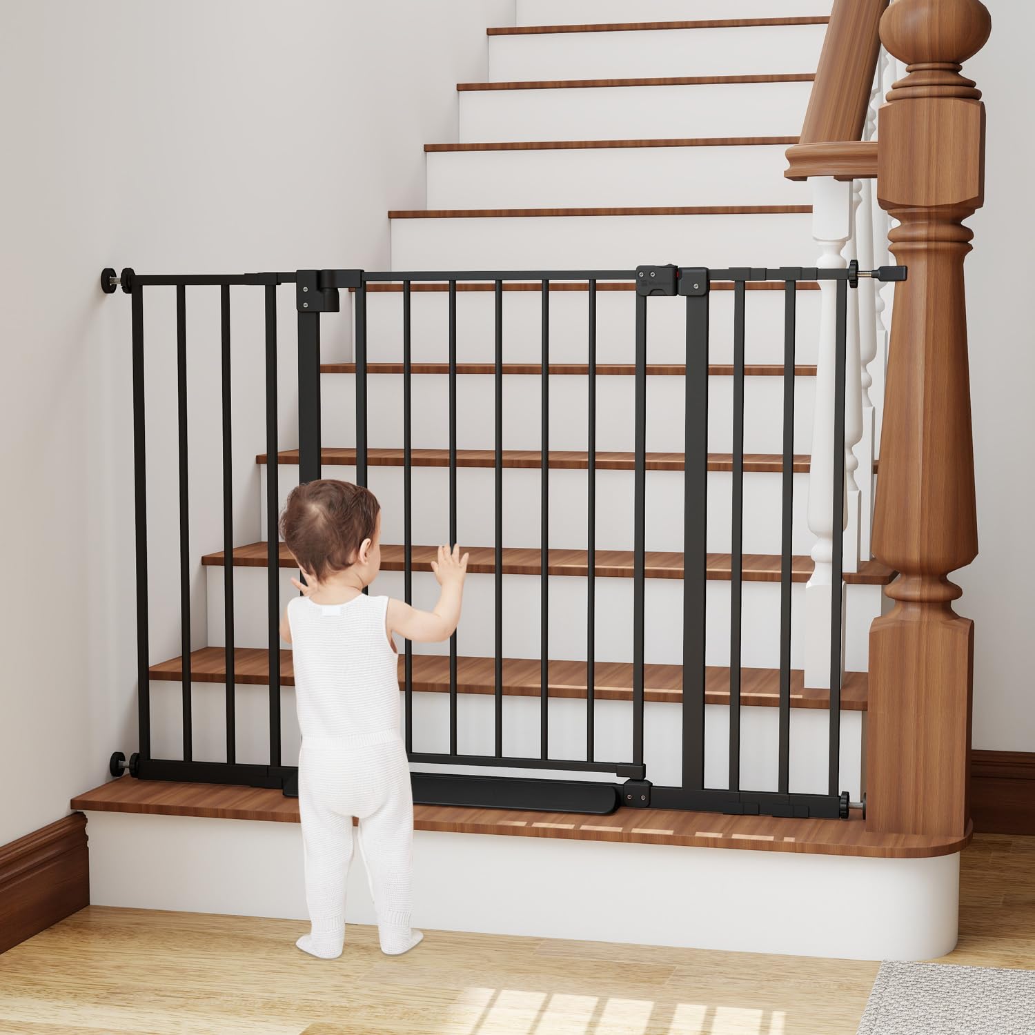 Miumoon 29.7-46 Baby Gate for Stairs with Banister Adapter Y-Spindle Rods, 30.5 Tall, Easy-Install Pressure Mounted Baby Gate fo