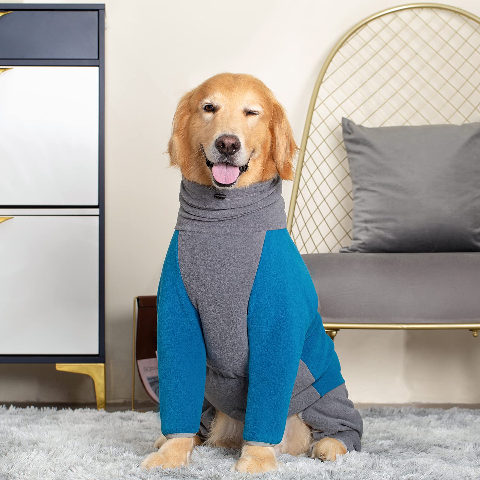 Fleece Winter Coats For Large Medium Dogs, High Collar Full Body Snowsuit, Windproof Sweater (Blue, X-Large)