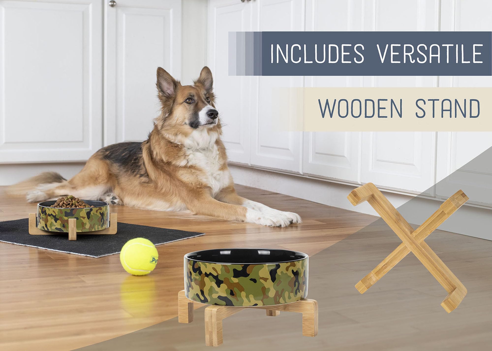 Nat & Jules Large Military Camo 8 Inch Stoneware Ceramic And Wood Pet Bowl With Stand